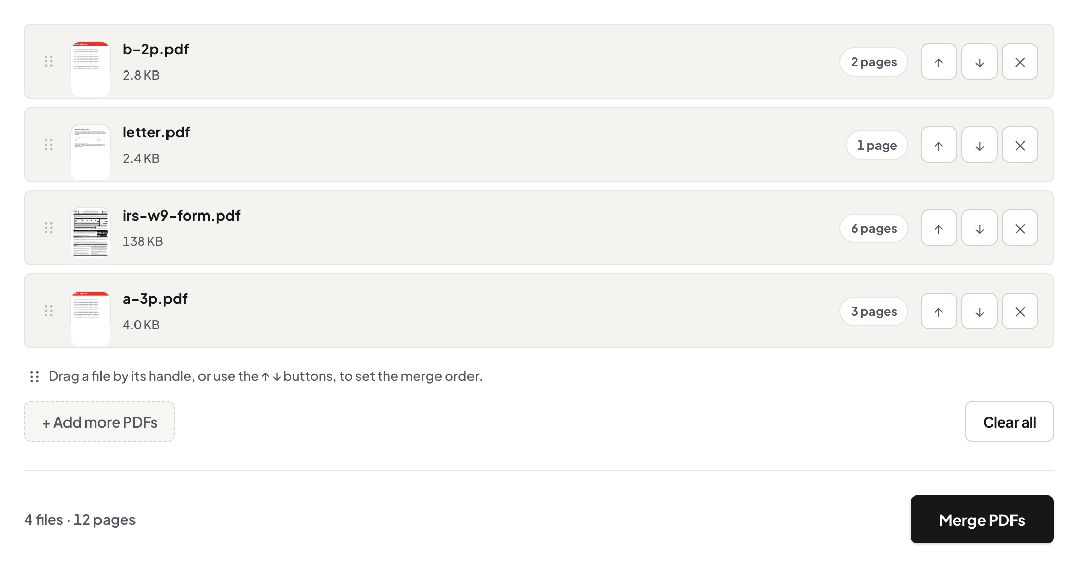 Four PDFs added to Merge PDF in the wrong reading order: b-2p.pdf, letter.pdf, irs-w9-form.pdf, a-3p.pdf