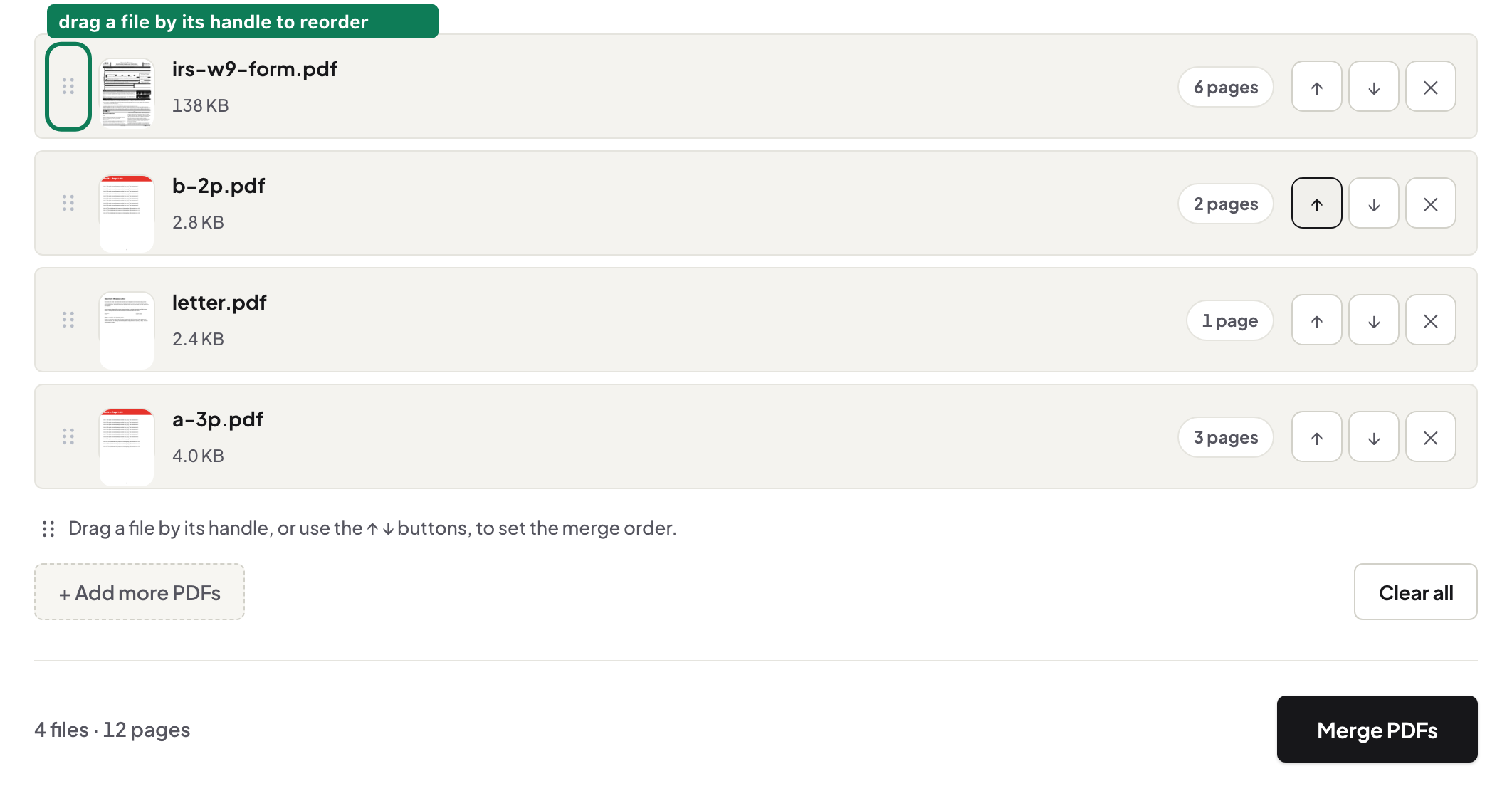 Four real PDFs in a merge list, the IRS W-9 form moved to the top of the order, with a green highlight on the file's drag handle