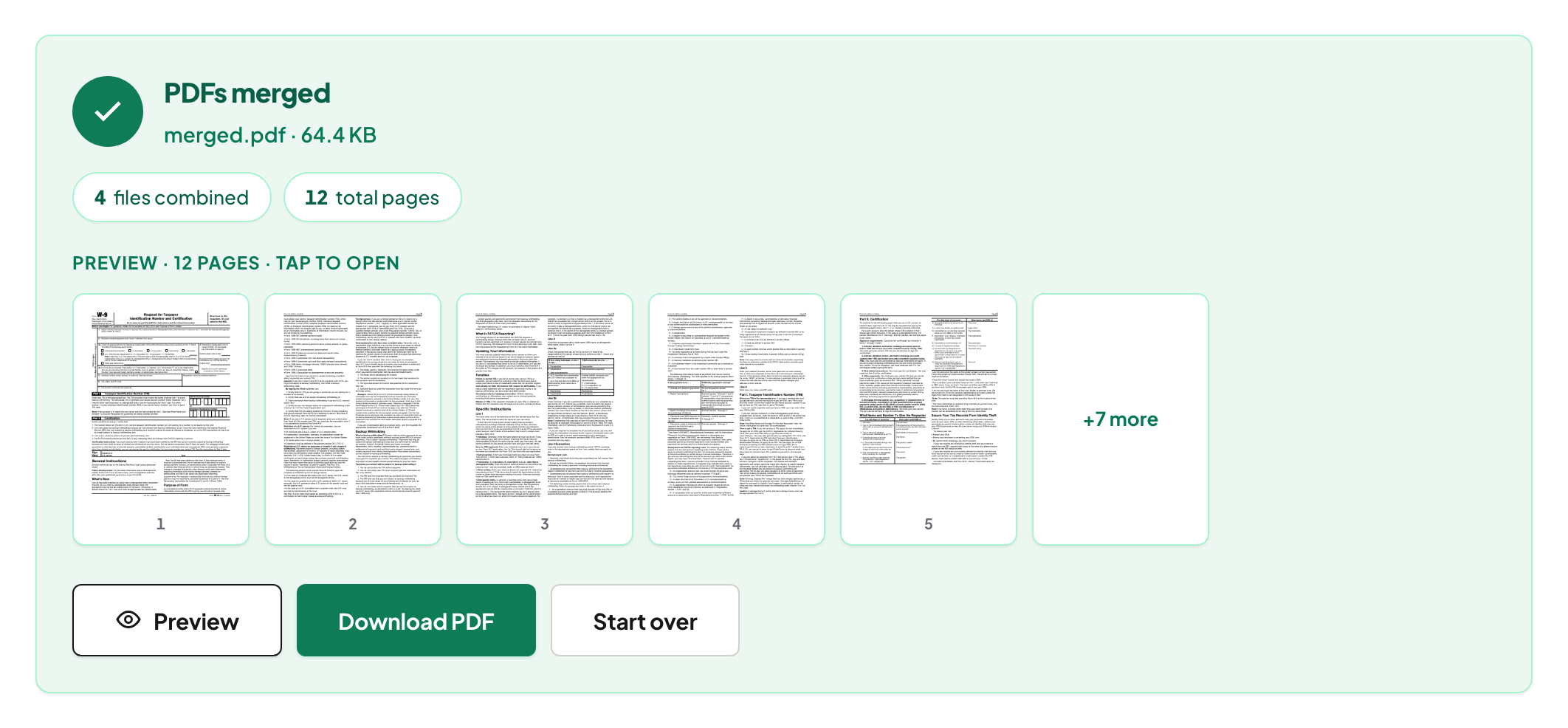 The merge result panel: PDFs merged, merged.pdf, 64.4 KB, 4 files combined, 12 total pages