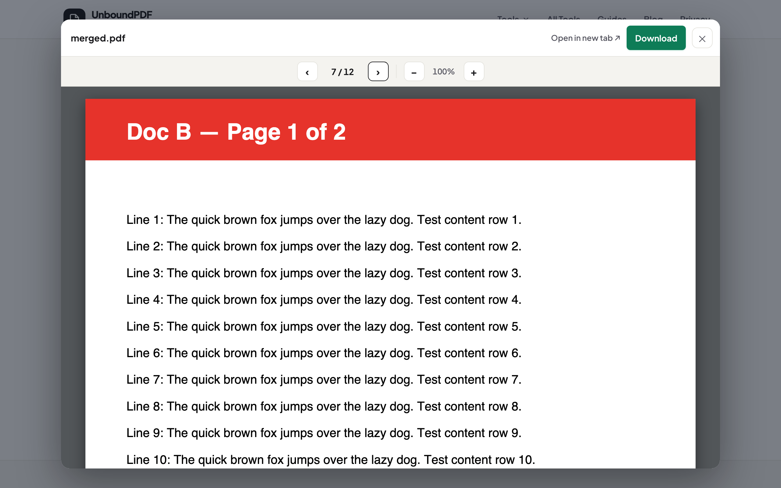 The merged file's preview open on page 7 of 12, showing a red Doc B — Page 1 of 2 banner where the second source document begins