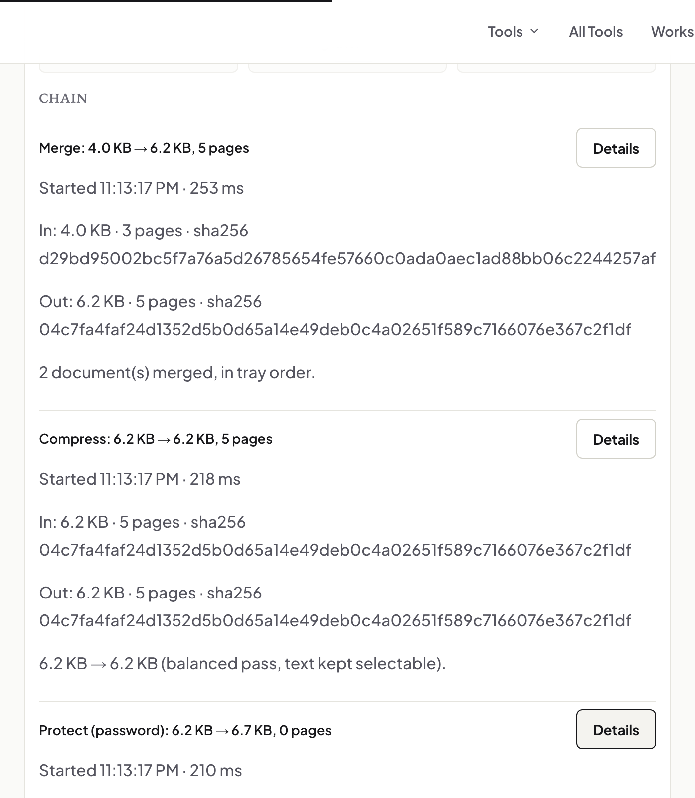The Workspace chain log showing three completed steps — Merge, Compress, and Protect — each with its input/output size, page count, and expanded sha256 hashes