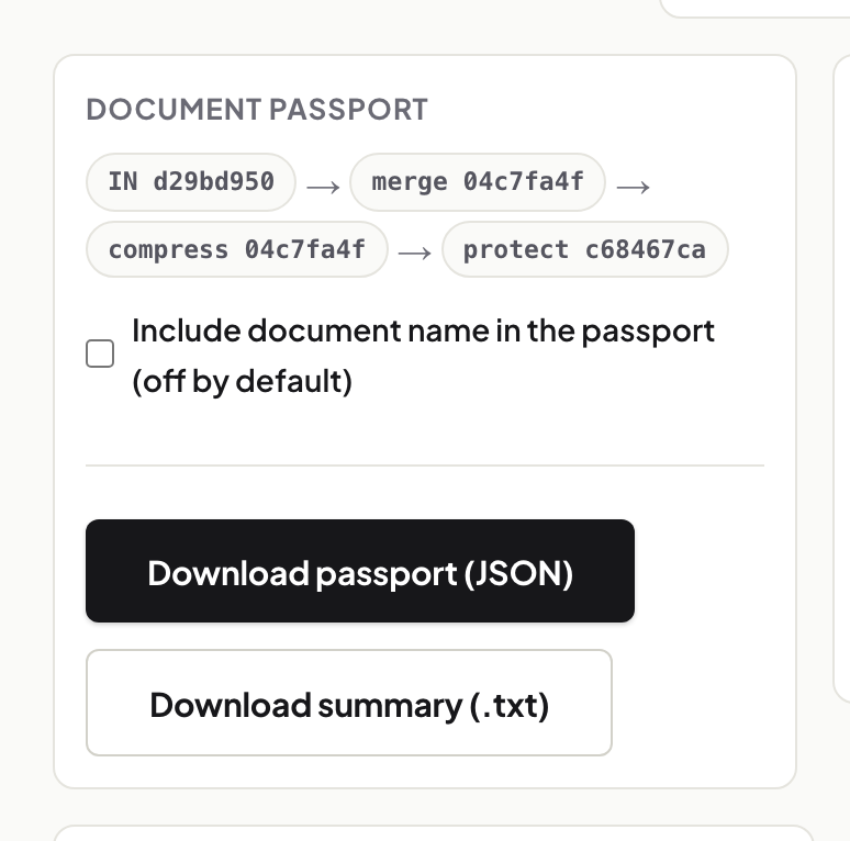 The Document Passport panel listing four chain entries — IN, merge, compress, protect — each with its sha256, and a Download passport (JSON) button