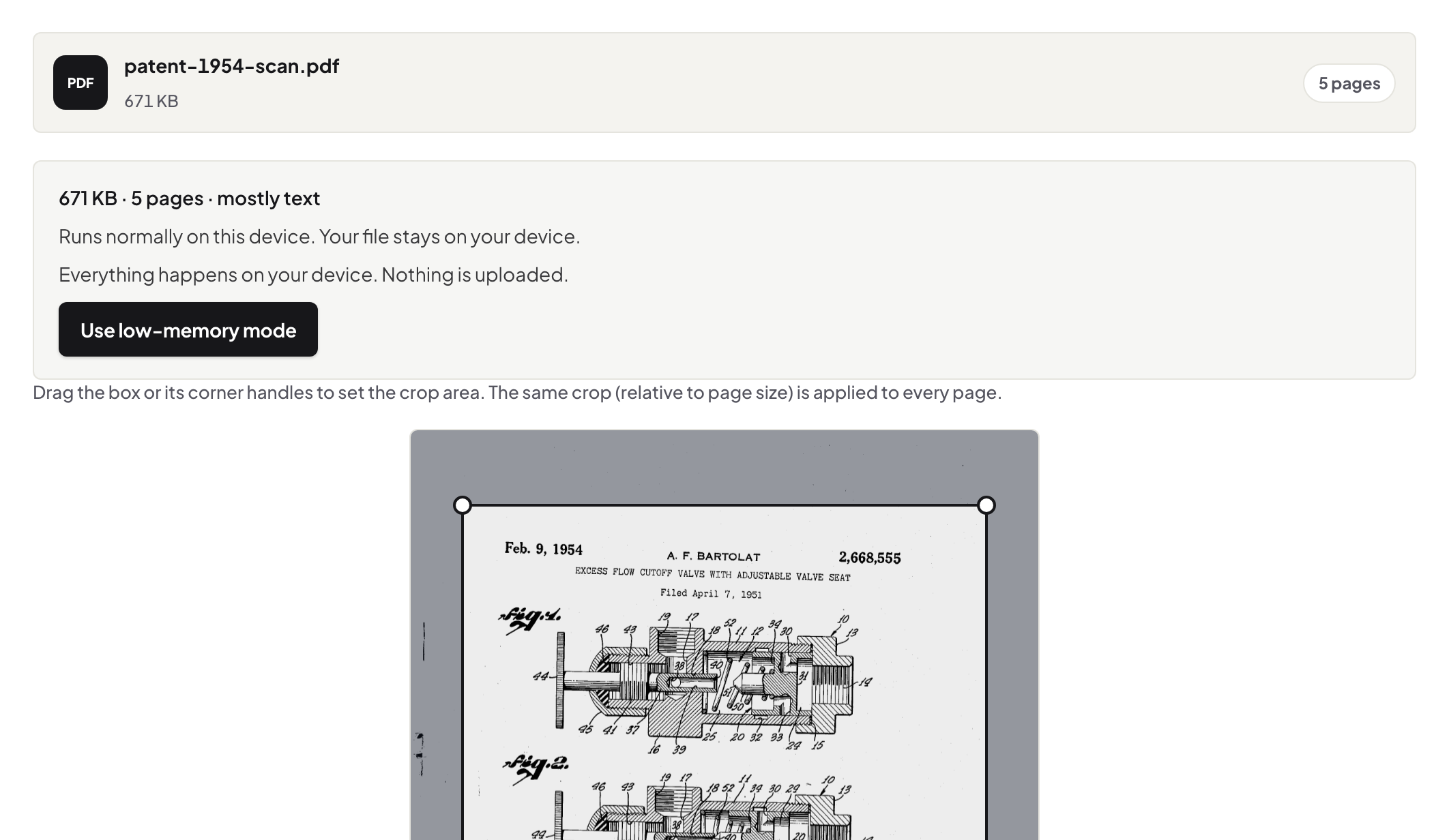 Crop PDF with a 5-page patent scan loaded, showing the default crop box nearly covering the full page