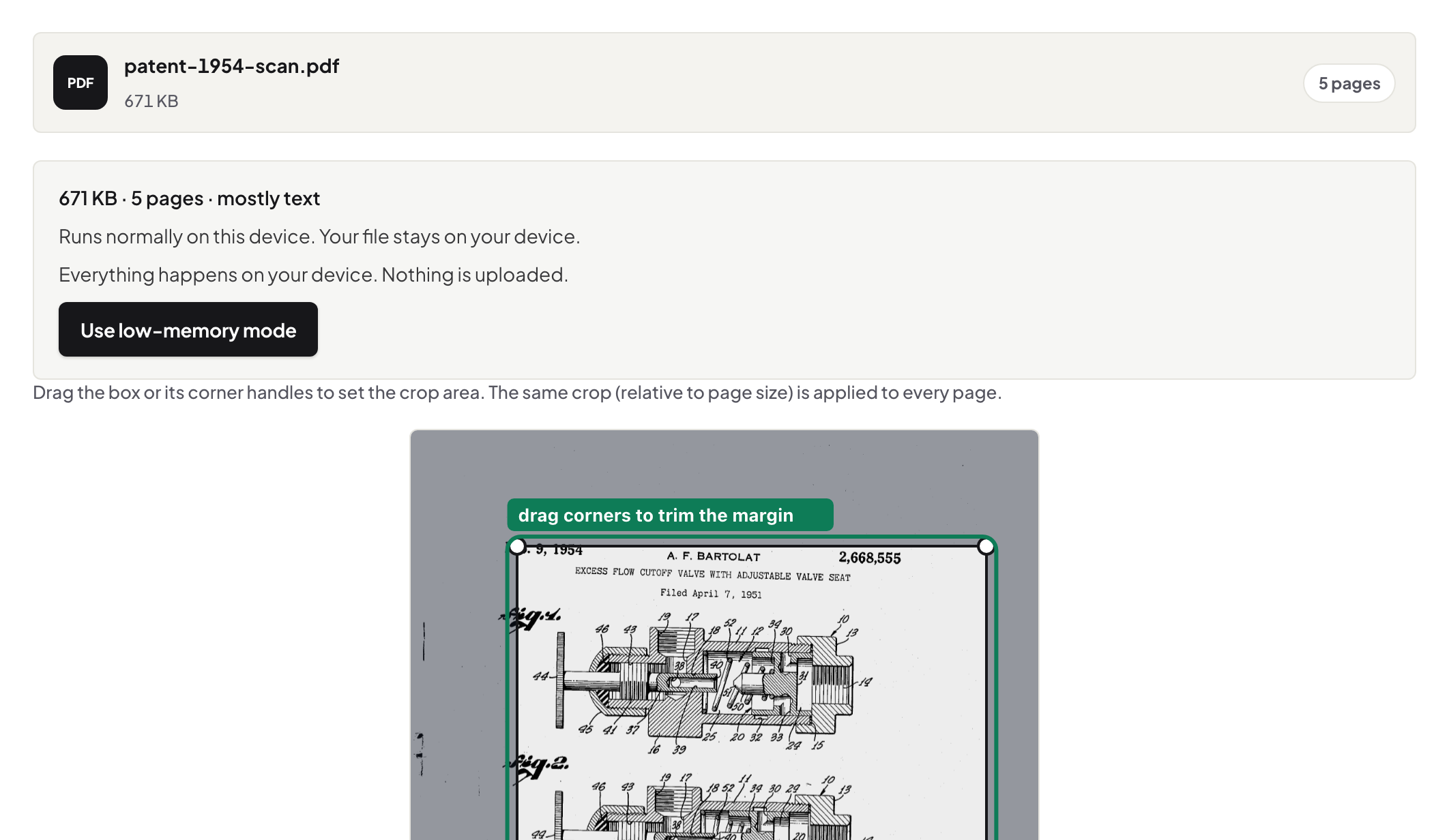 The crop box's corners dragged inward over a live preview of a scanned patent page, highlighted with an annotation reading drag corners to trim the margin