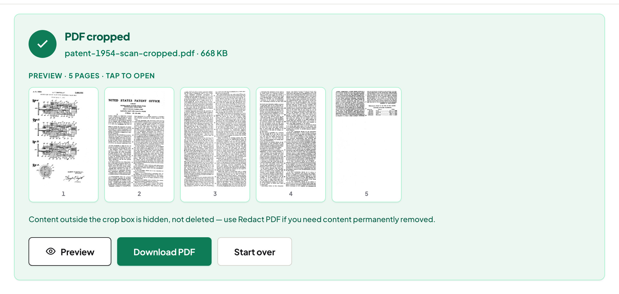 The crop result panel reading PDF cropped, patent-1954-scan-cropped.pdf, 668 KB, 5 pages, with pages 1 through 3 shown in the preview and the note Content outside the crop box is hidden, not deleted