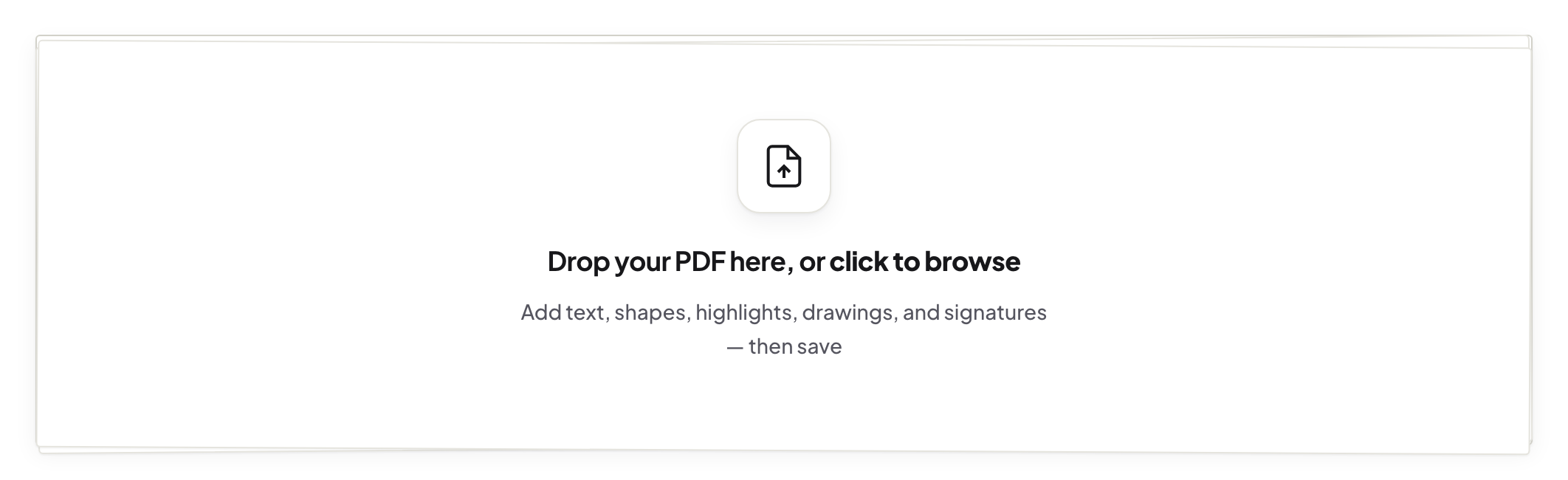 The PDF editor's empty landing state, with a drop zone reading Drop your PDF here, or click to browse