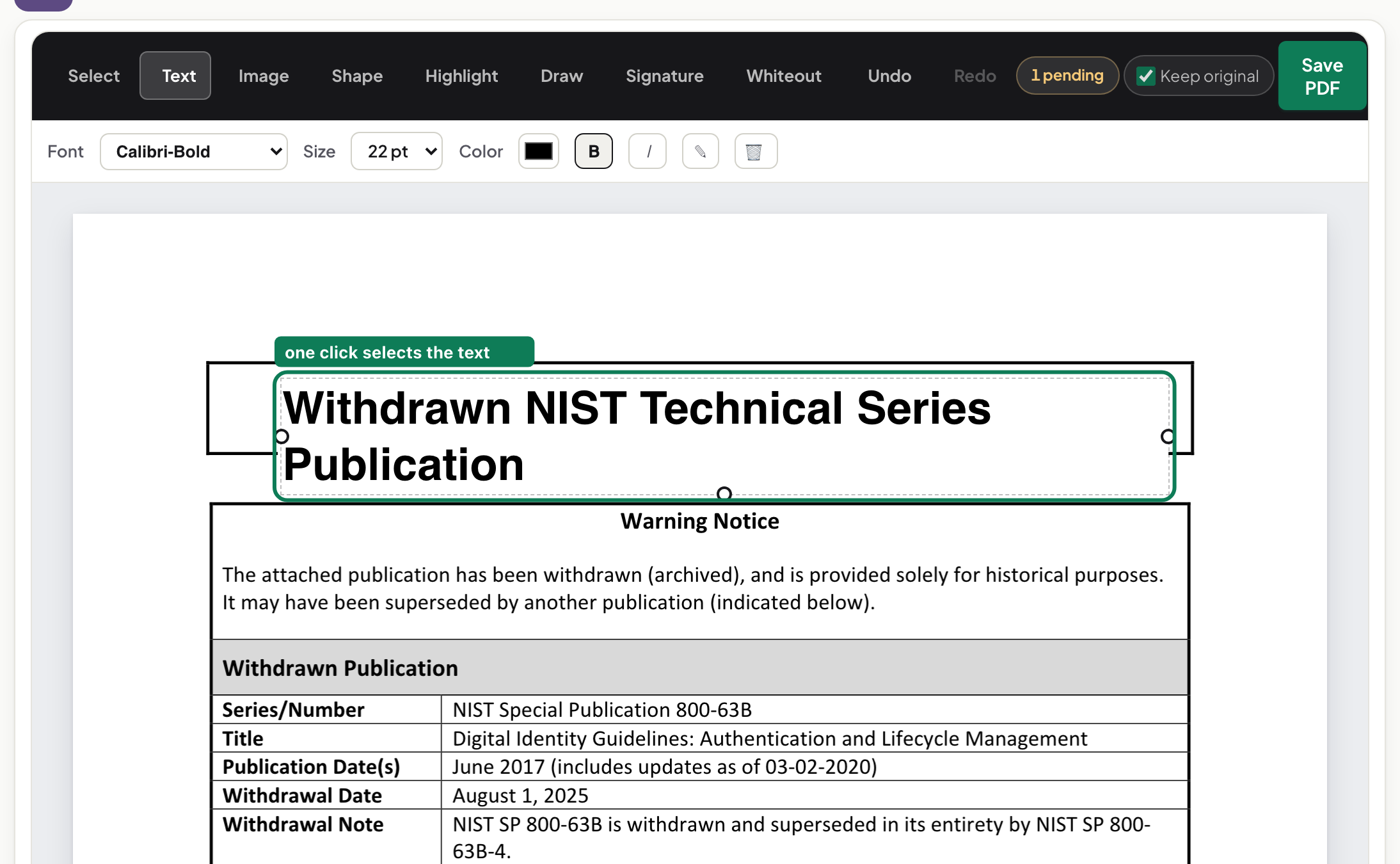 A one-click selection around the document's title in the browser editor, shown as a dashed box, with an annotation reading one click selects the text