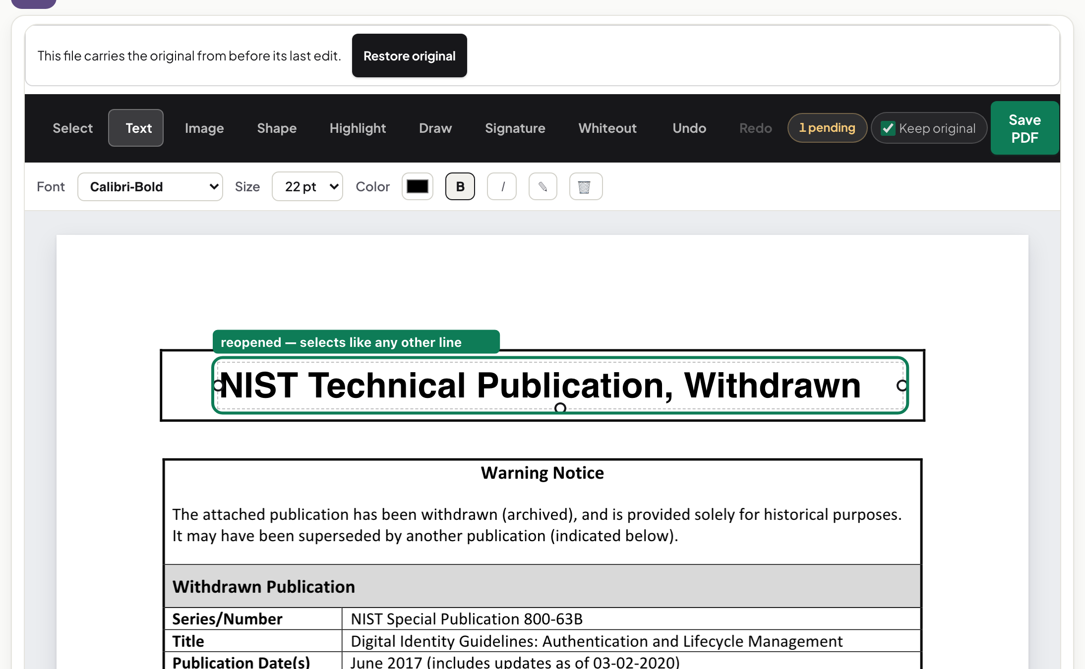 The saved PDF reopened in the editor with the edited title selected again, annotated reopened — selects like any other line, with the font control still reading Calibri-Bold