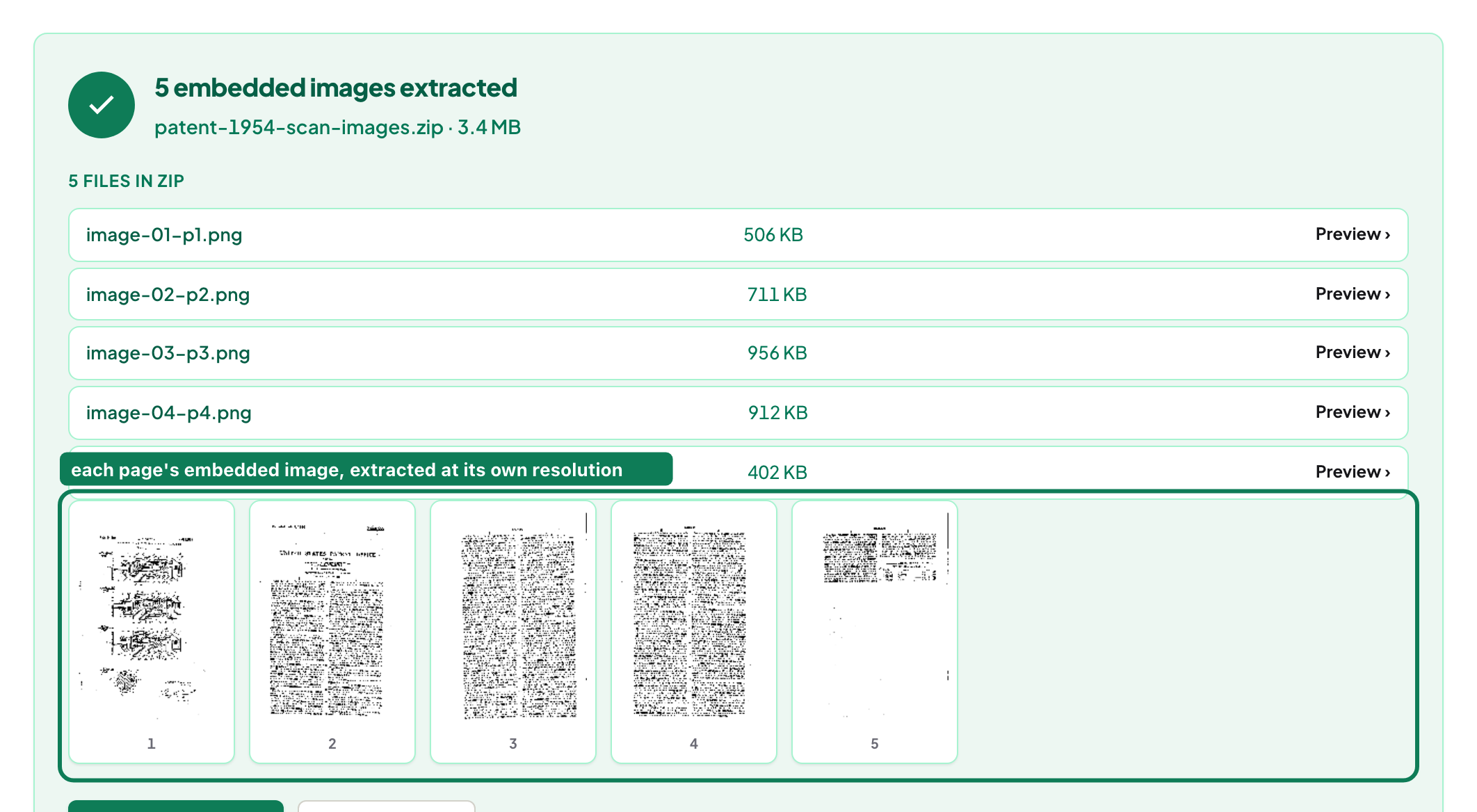 A result panel listing 5 embedded images with file sizes and a thumbnail grid of the 5 source pages, highlighted with an annotation reading each page's embedded image, extracted at its own resolution