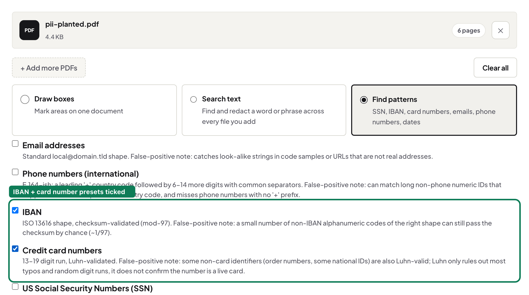 Redact PDF's Find patterns tab with the IBAN and Credit card number presets ticked, highlighted with an annotation reading IBAN + card number presets ticked