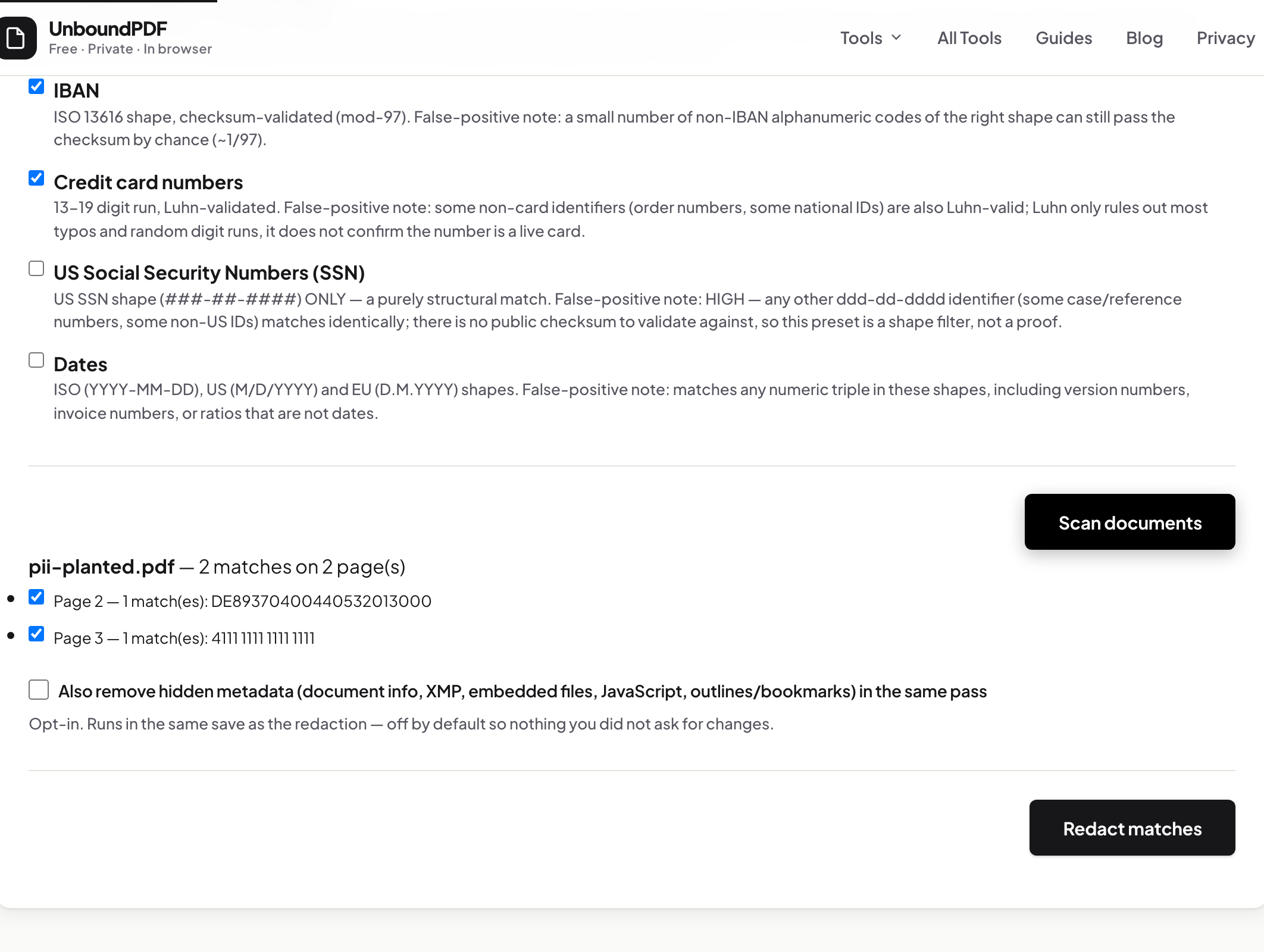The pattern match review list showing one IBAN match on page 2 and one credit card number match on page 3 of the planted-PII fixture, both ticked for redaction