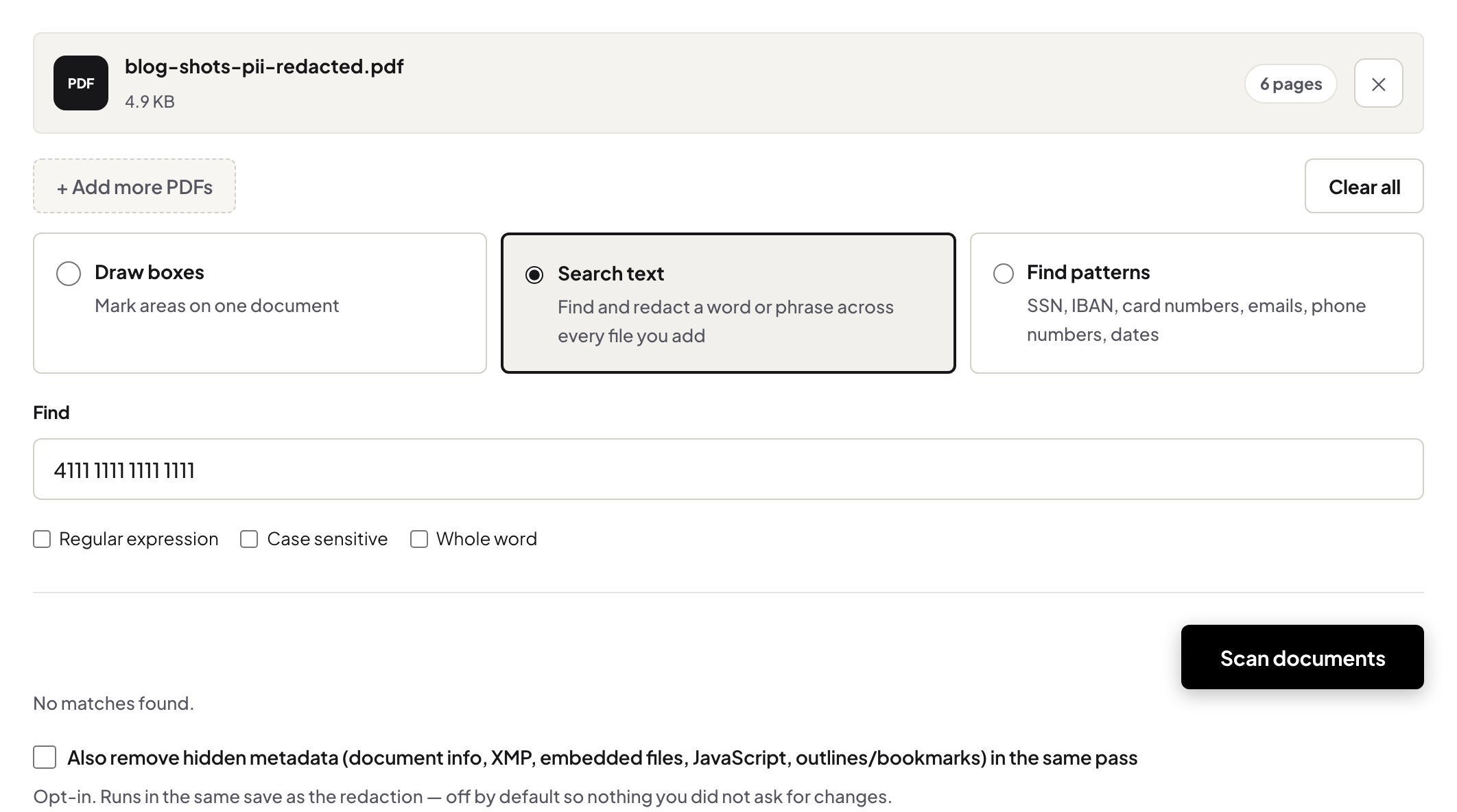 Search text mode scanning the saved, already-redacted PDF for the removed card number 4111 1111 1111 1111 and reporting No matches found