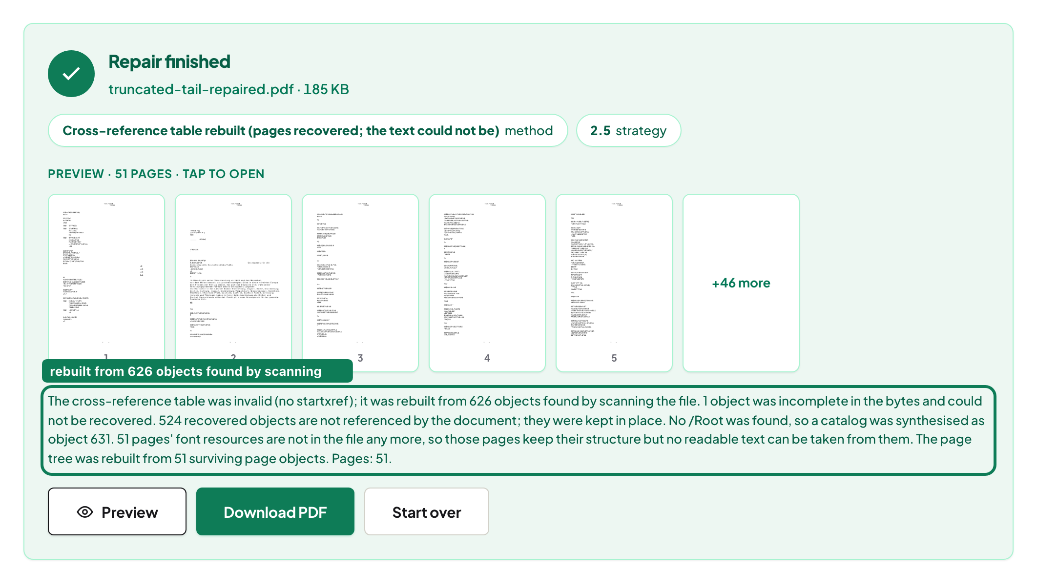 The diagnostic report reading the cross-reference table was invalid and was rebuilt from 626 objects found by scanning the file