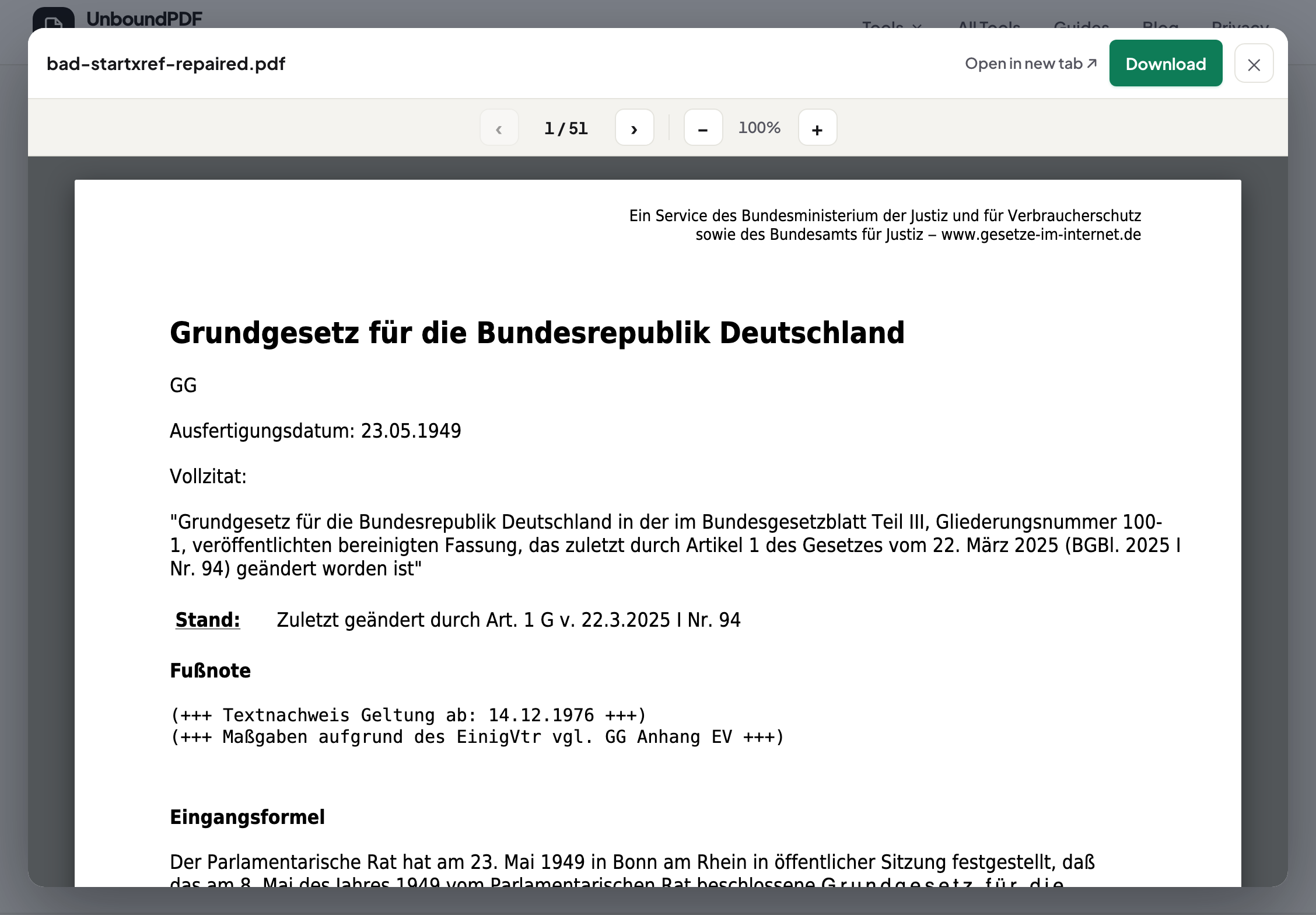 One page of the repaired document open in the tool's own preview panel, showing the filename bad-startxref-repaired.pdf and page 1 of 51