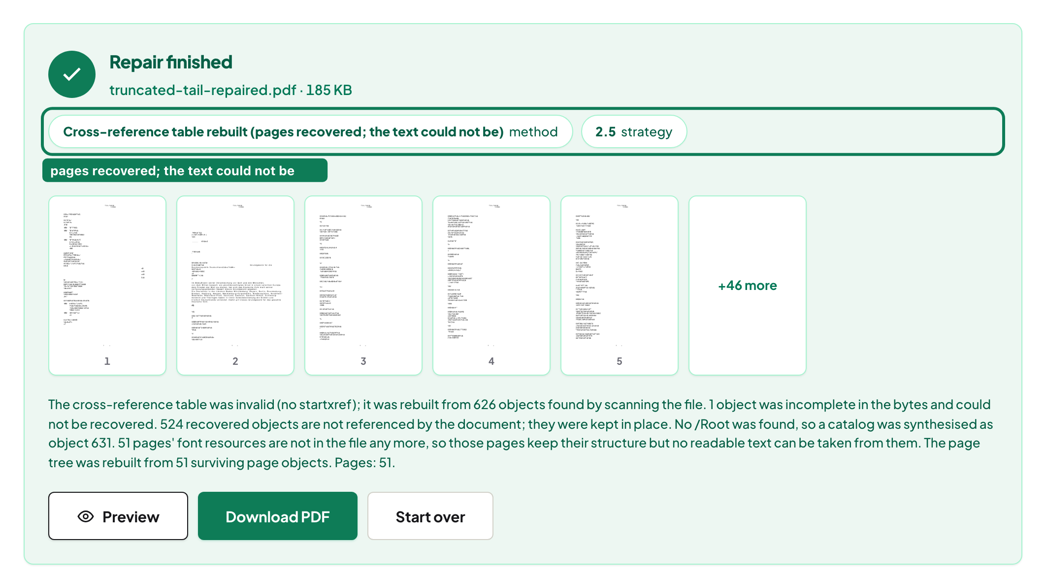 The result method chip reading Cross-reference table rebuilt, pages recovered, the text could not be