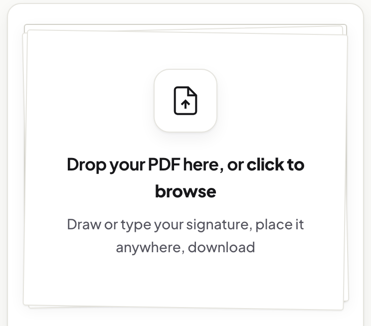 Sign PDF opened in a phone browser, showing the upload drop zone before any file is added