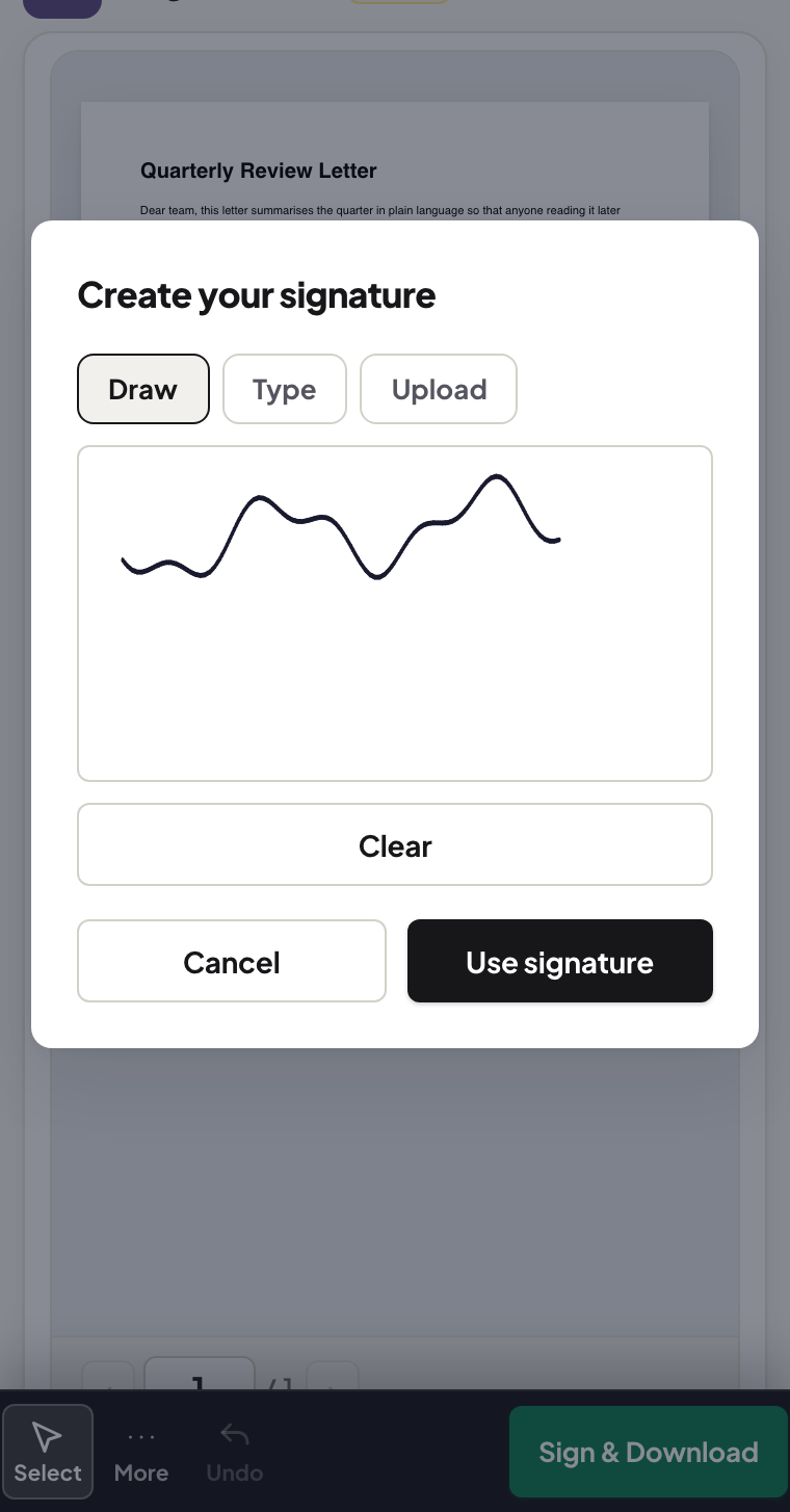A hand-drawn signature stroke on a mobile signature pad, drawn with a simulated finger touch