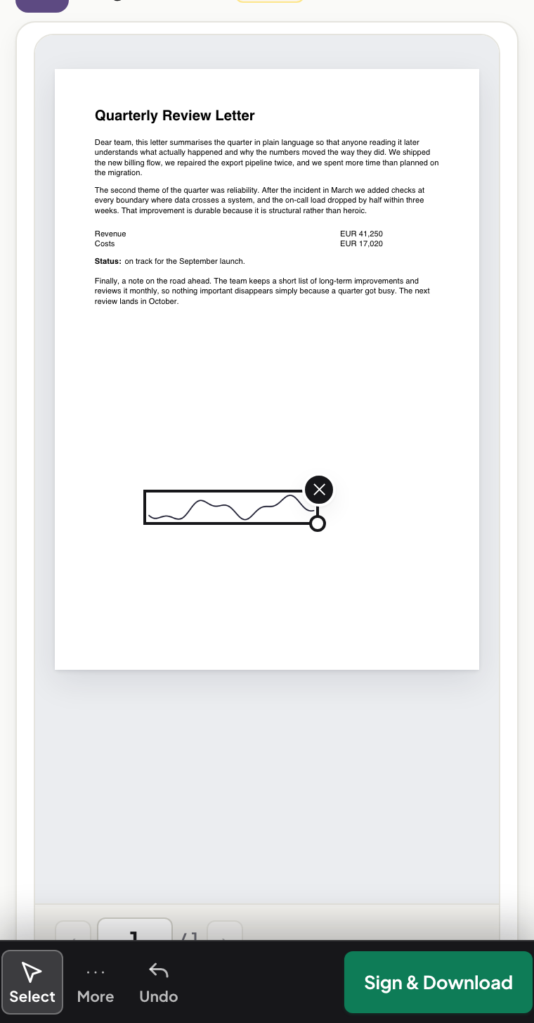 The drawn signature placed on the letter PDF's page with visible resize corners at each edge