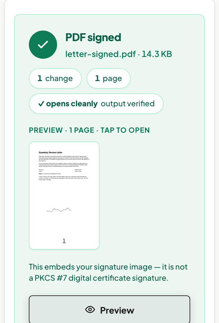 The result panel on a phone confirming PDF signed, showing the signed file's size, a page thumbnail with the signature visible, and the tool's own note that this is not a PKCS #7 digital certificate signature