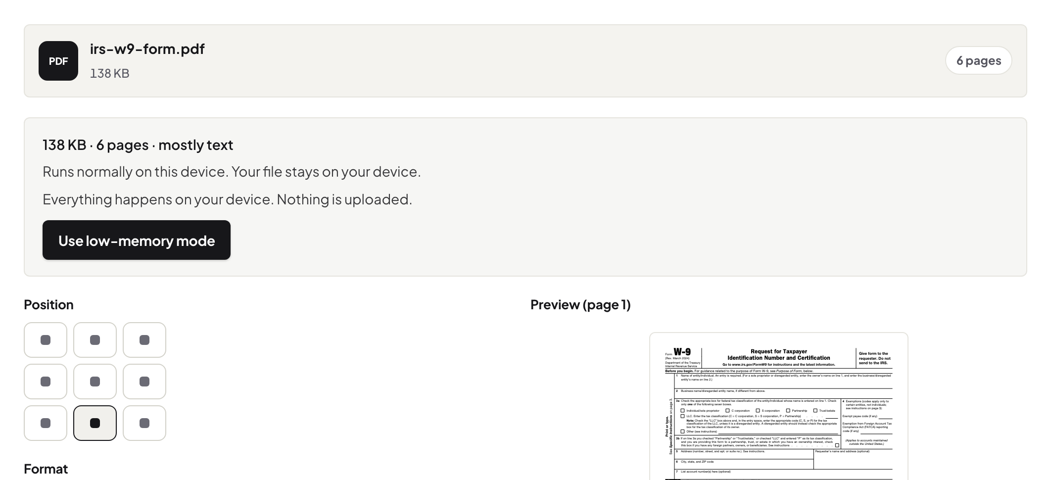 Add Page Numbers with a multi-page form loaded and position options for the stamp