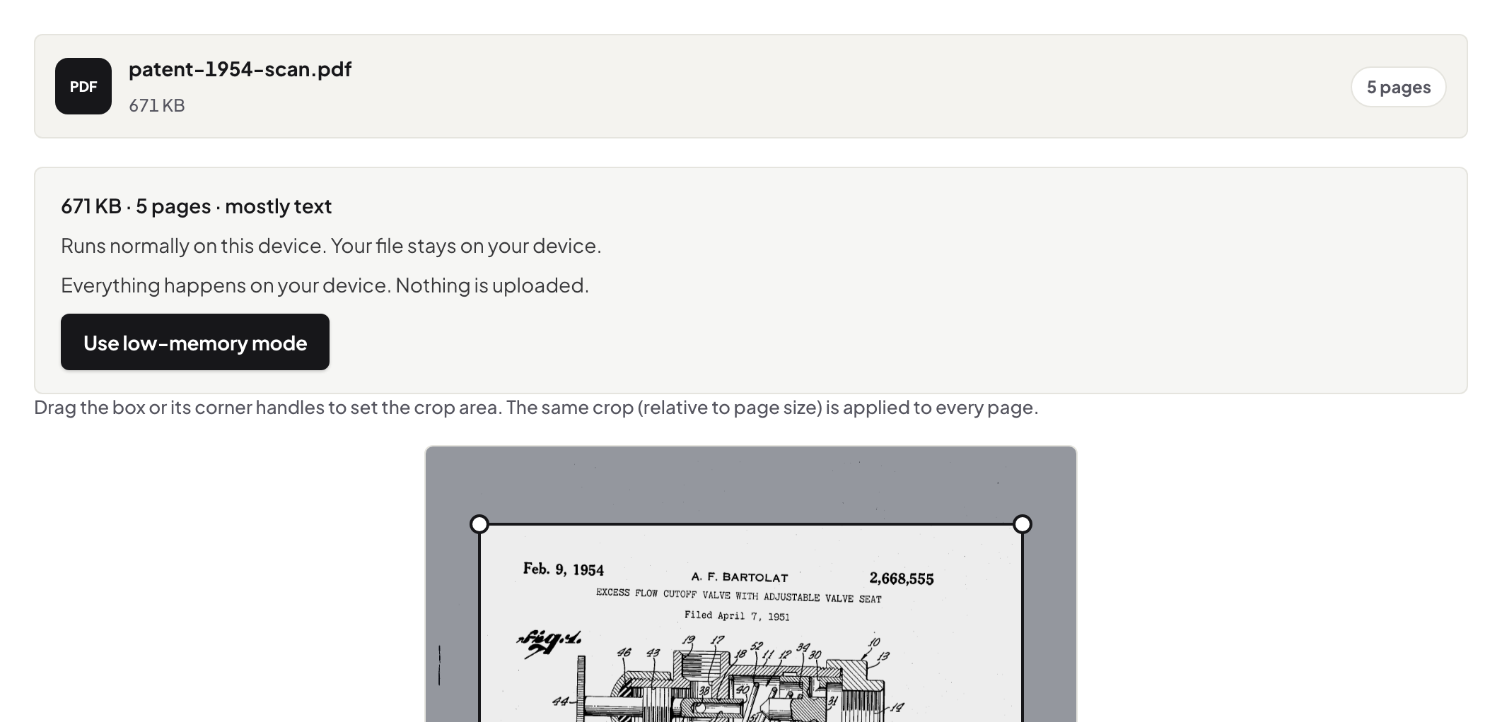 Crop PDF with a 1954 patent scan loaded, drag handles set around the drawing and the same crop applied to every page