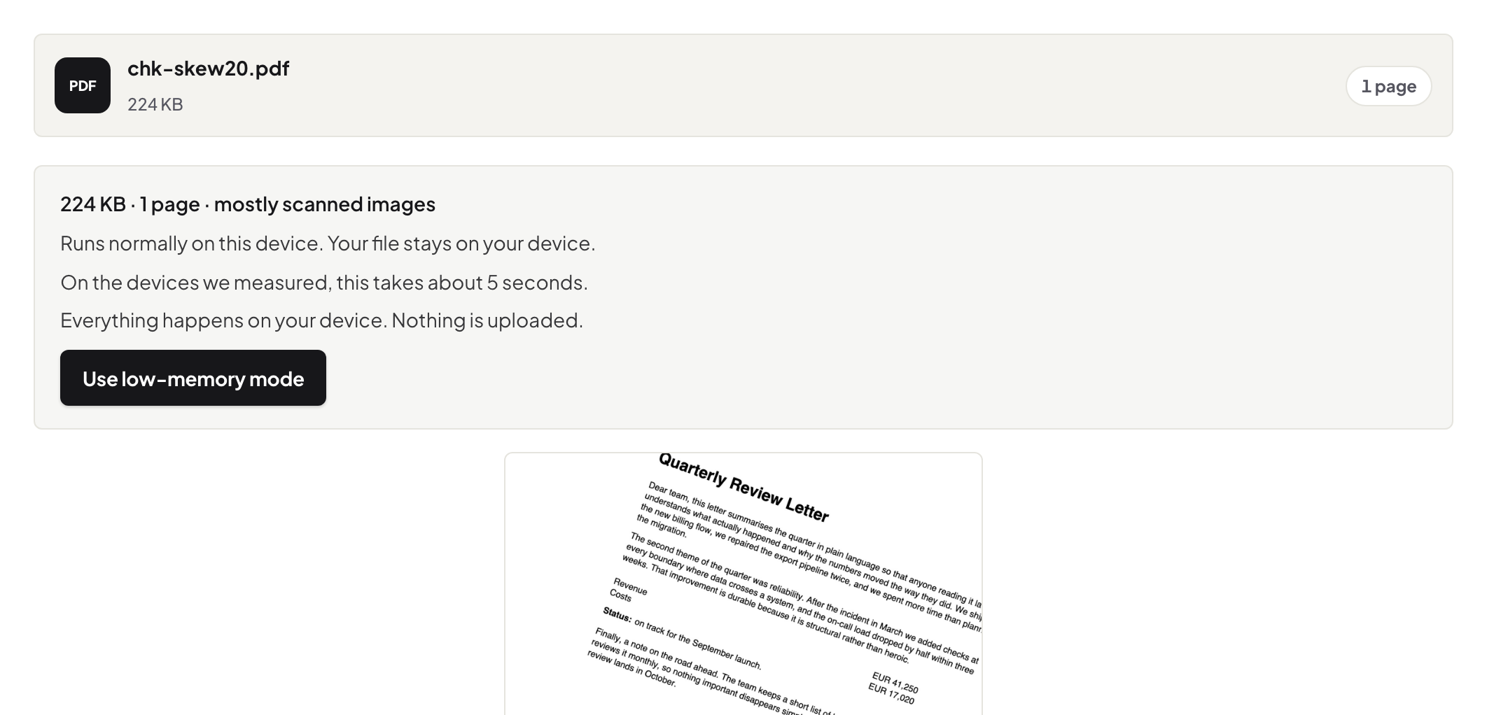 Deskew PDF with a visibly tilted scanned page loaded for straightening