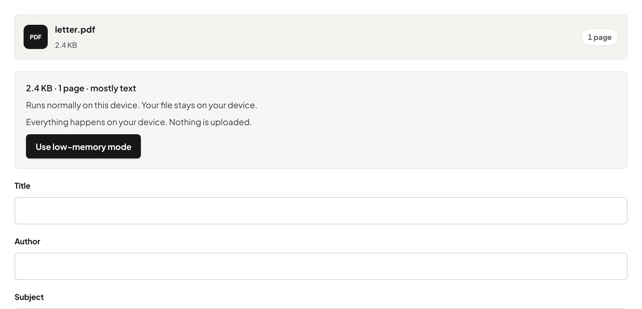 Edit Metadata with a document loaded and its author, title and other fields exposed for review