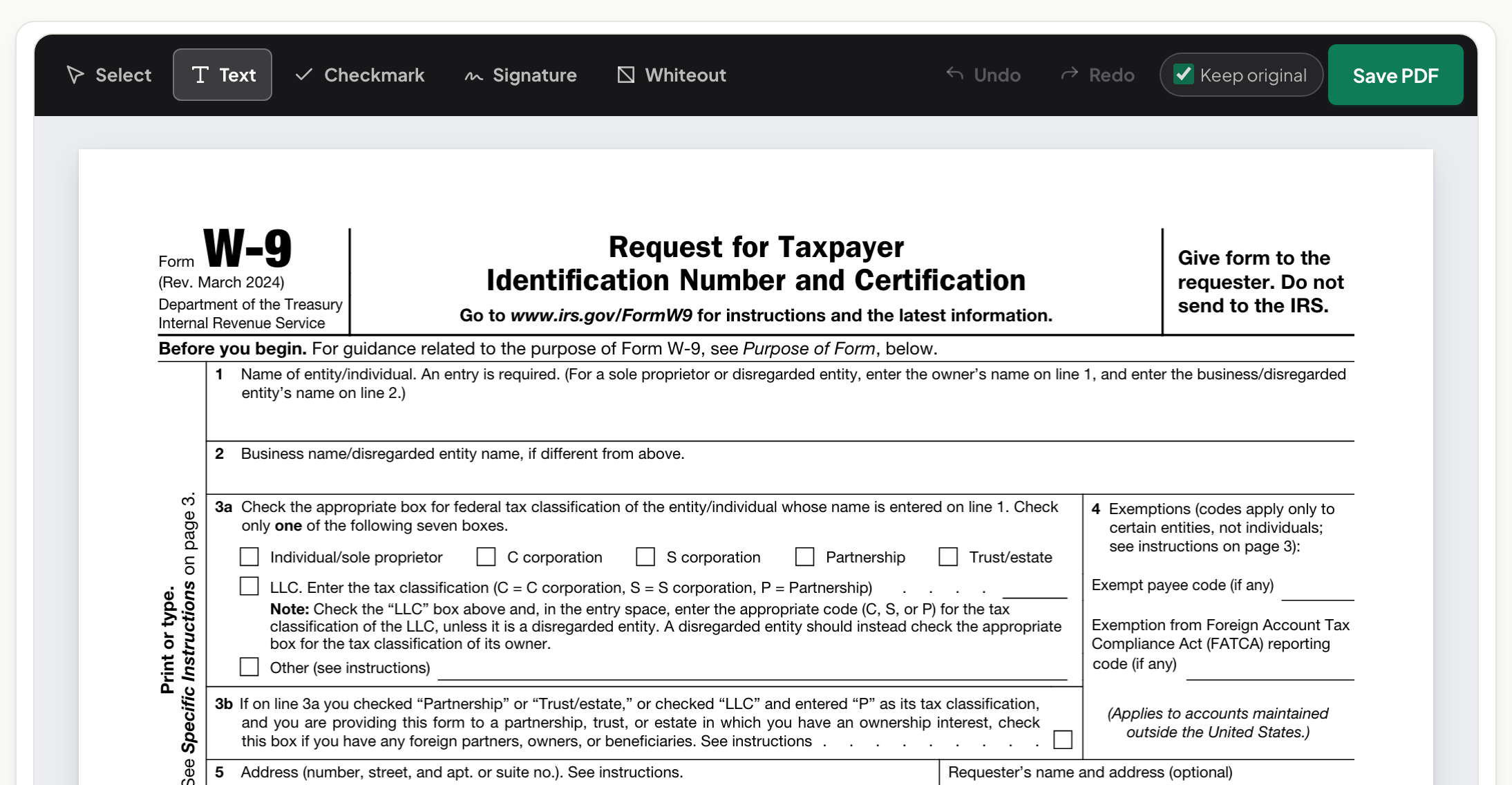 Fill and Sign with a real IRS W-9 form open and the Text, Checkmark, Signature and Whiteout tools in the toolbar