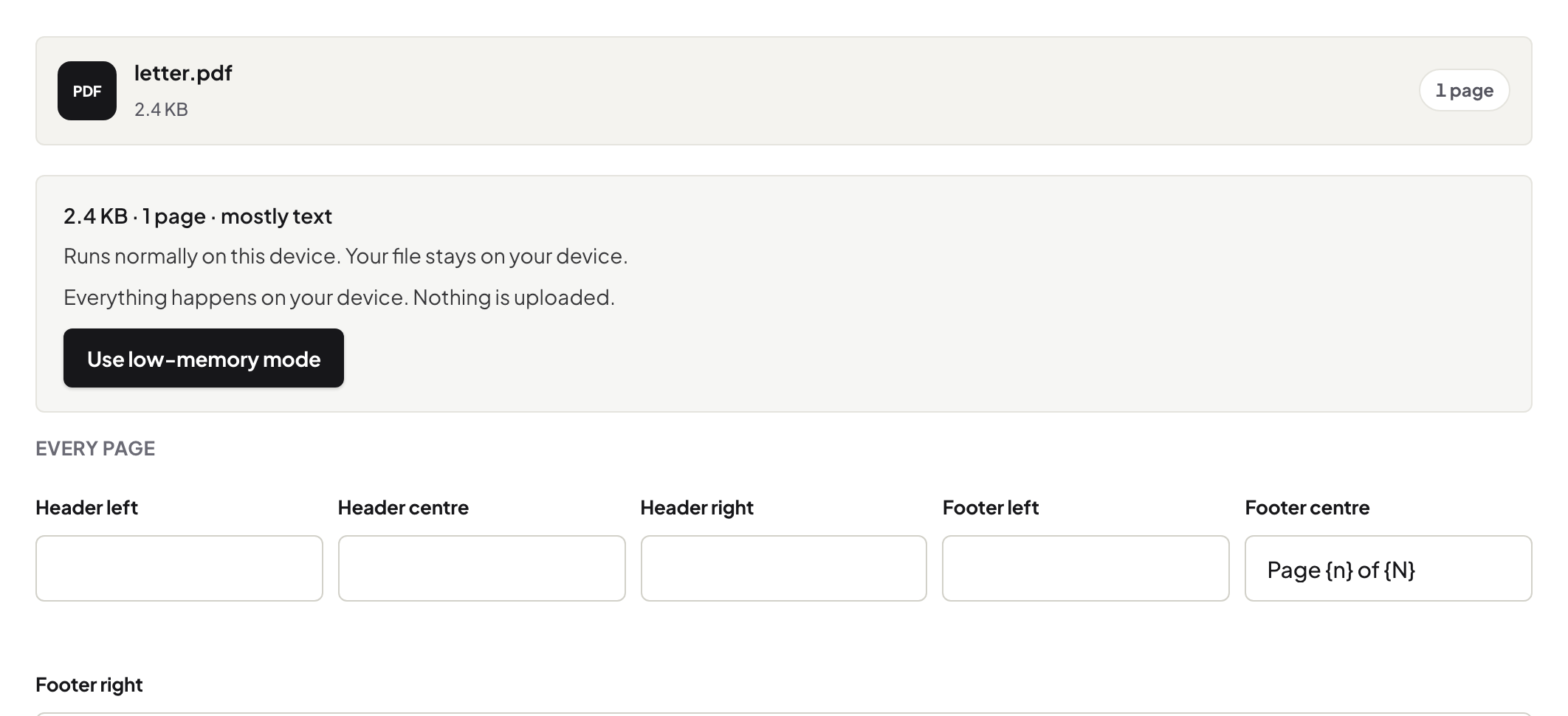 Headers and Footers with a letter loaded ready for a running header or footer on every page