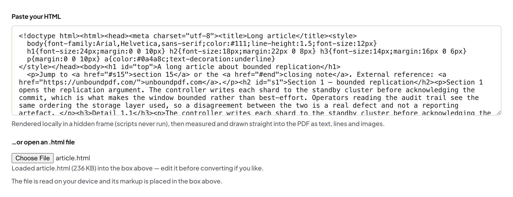 HTML to PDF with an article converted into a paged, printable document