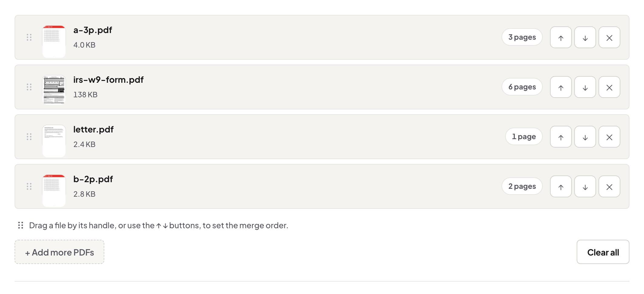 Merge PDF with four documents added and ordered before combining into one file