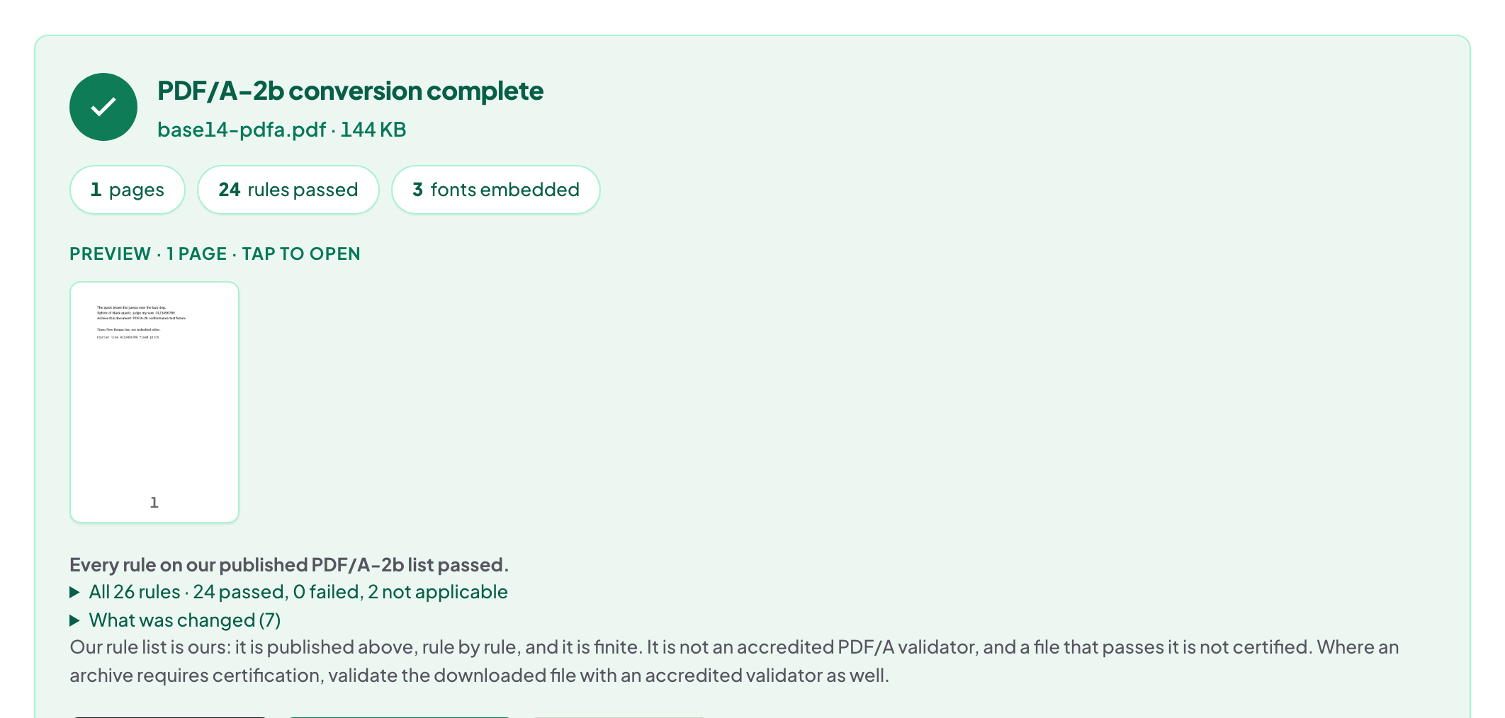 PDF/A conversion result with the normalisation report for an archival copy