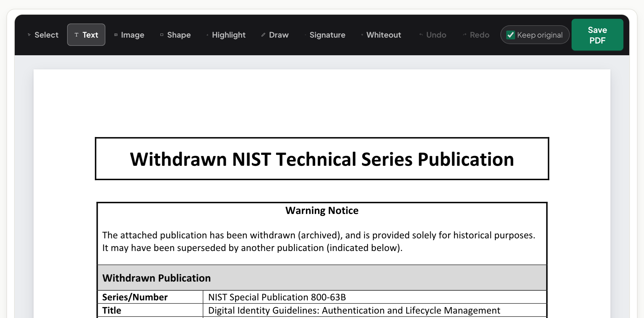 The PDF Editor with a NIST title page open and its text selectable for in-place editing