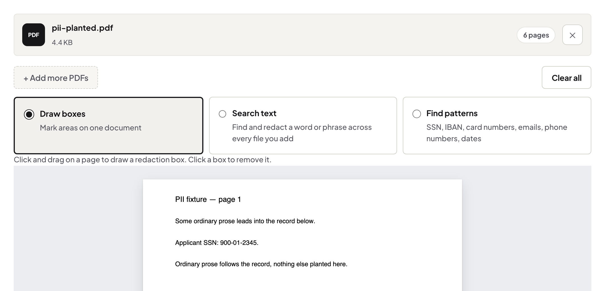 Redact PDF with a statement loaded ready for regions to be marked and removed
