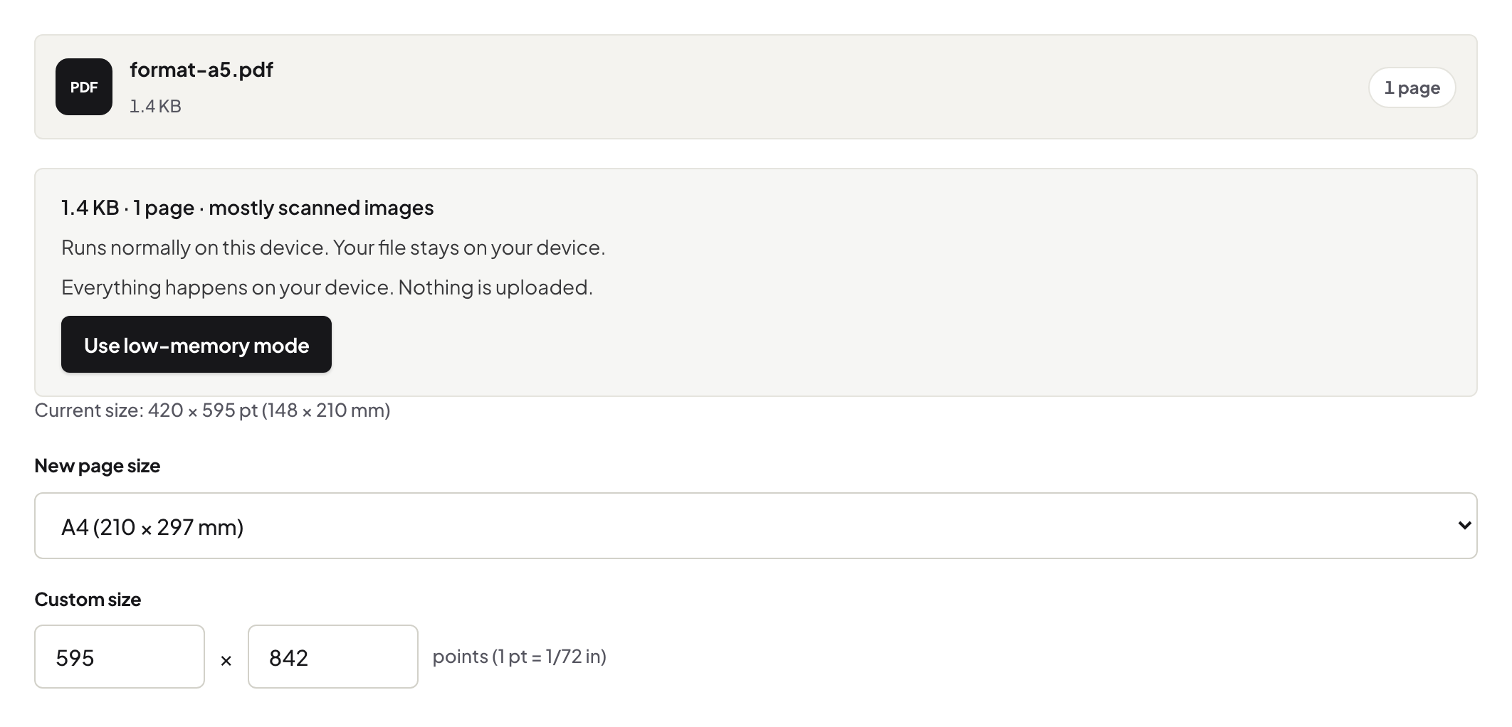 Resize PDF with an A5 document loaded ready to be normalised to A4 or Letter