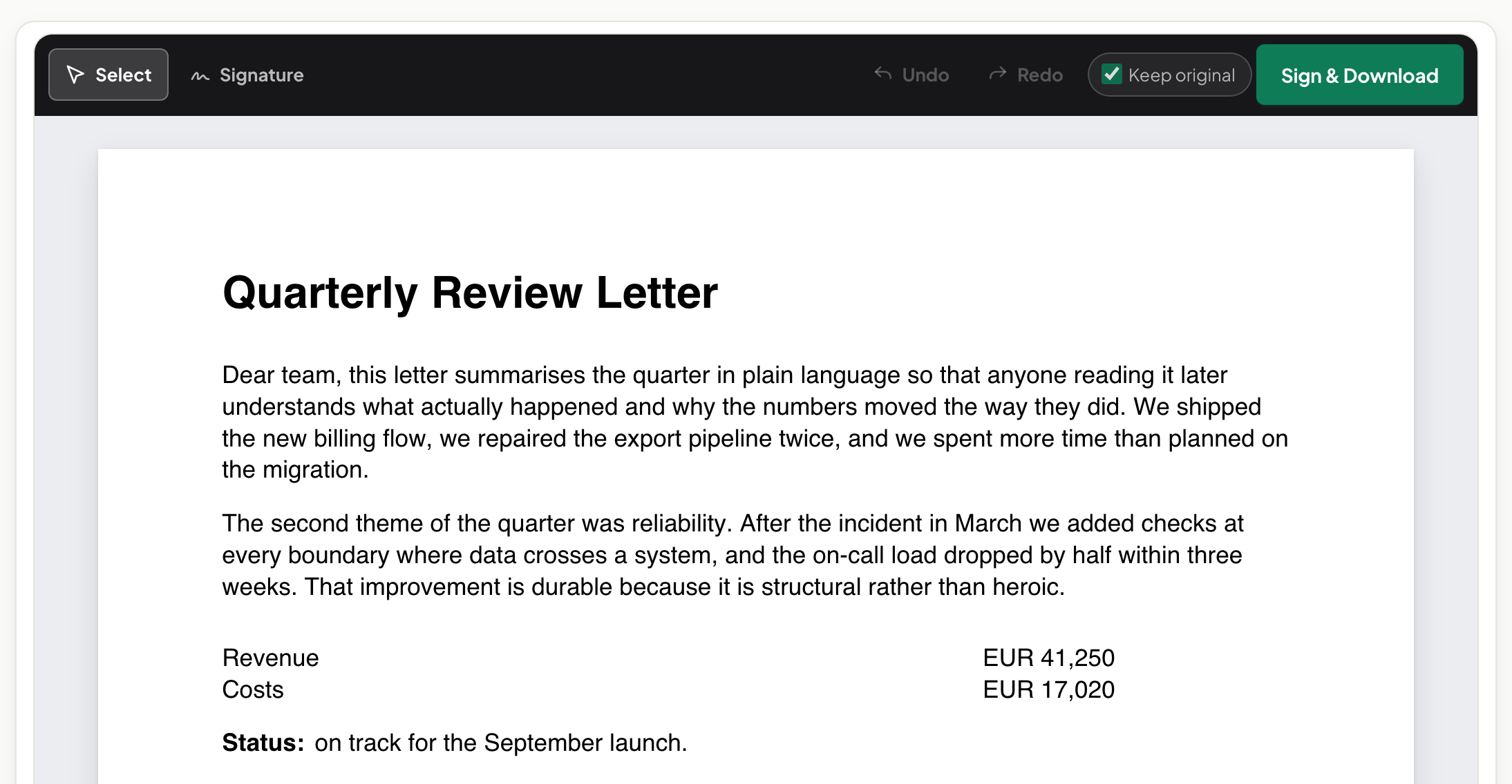 Sign PDF with a letter loaded ready for a drawn, typed or uploaded signature