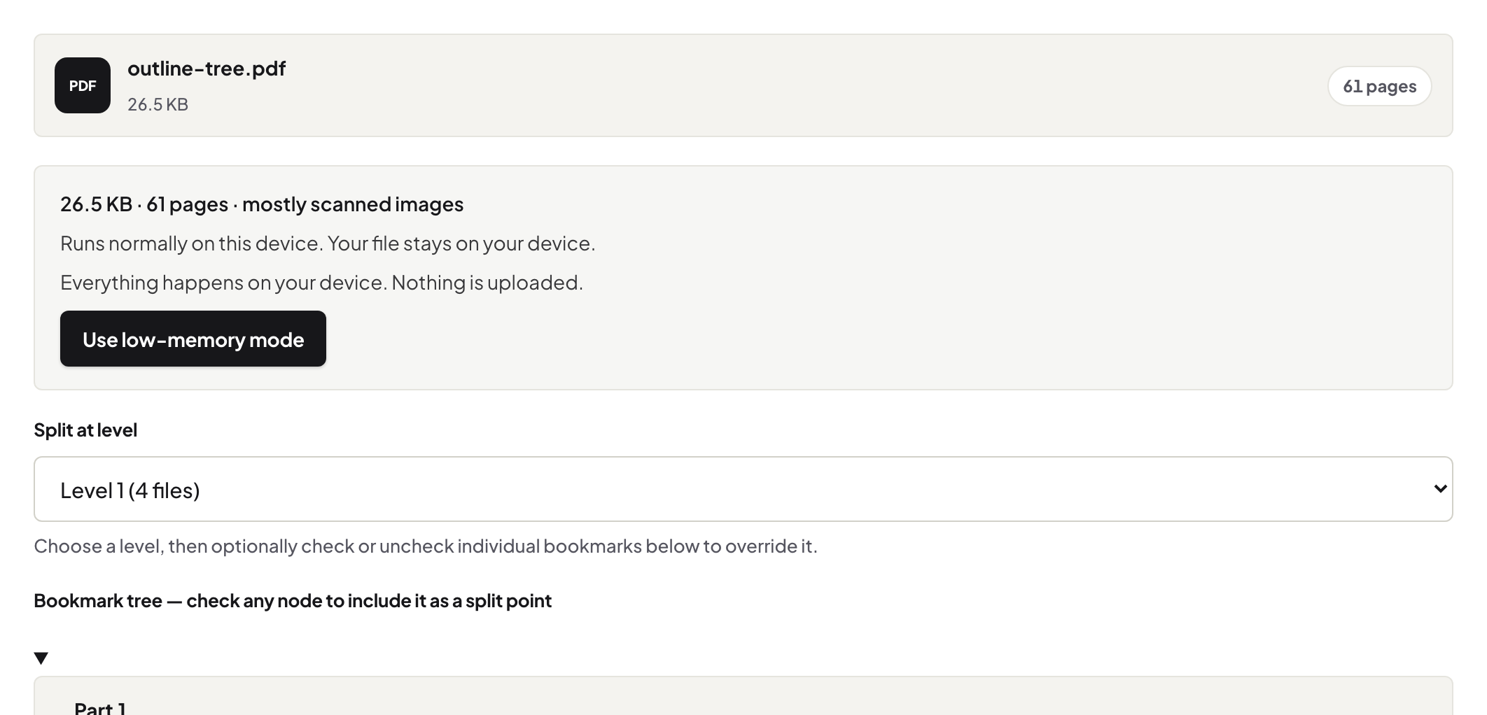 Split by Bookmarks showing the level picker and the document's bookmark tree as split points