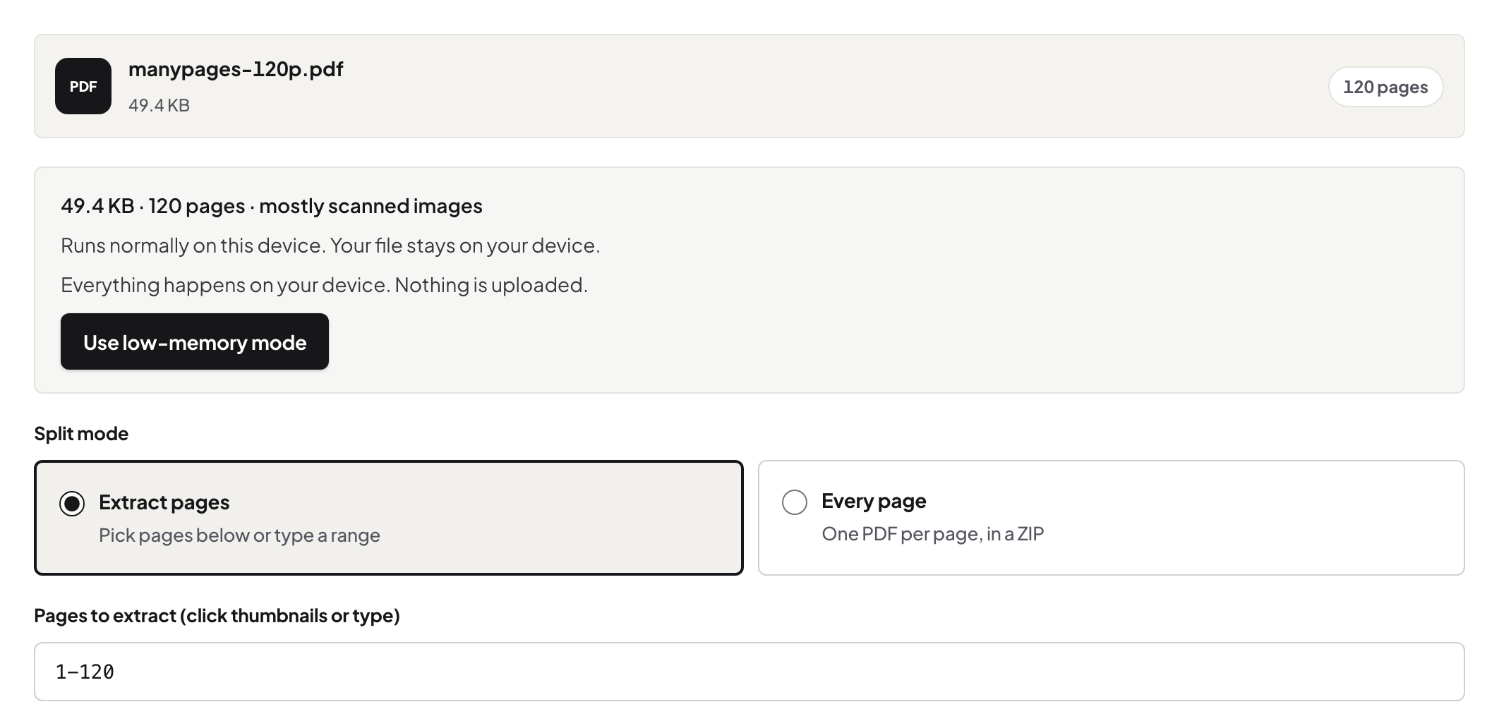 Split PDF with a 120-page document loaded and ready for page ranges