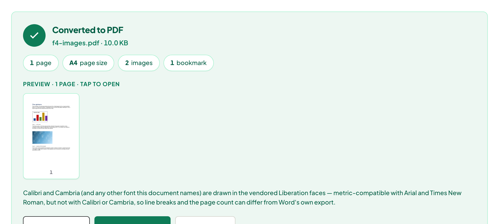Word to PDF conversion result: one A4 page, two images, one bookmark, with the font-substitution note stated