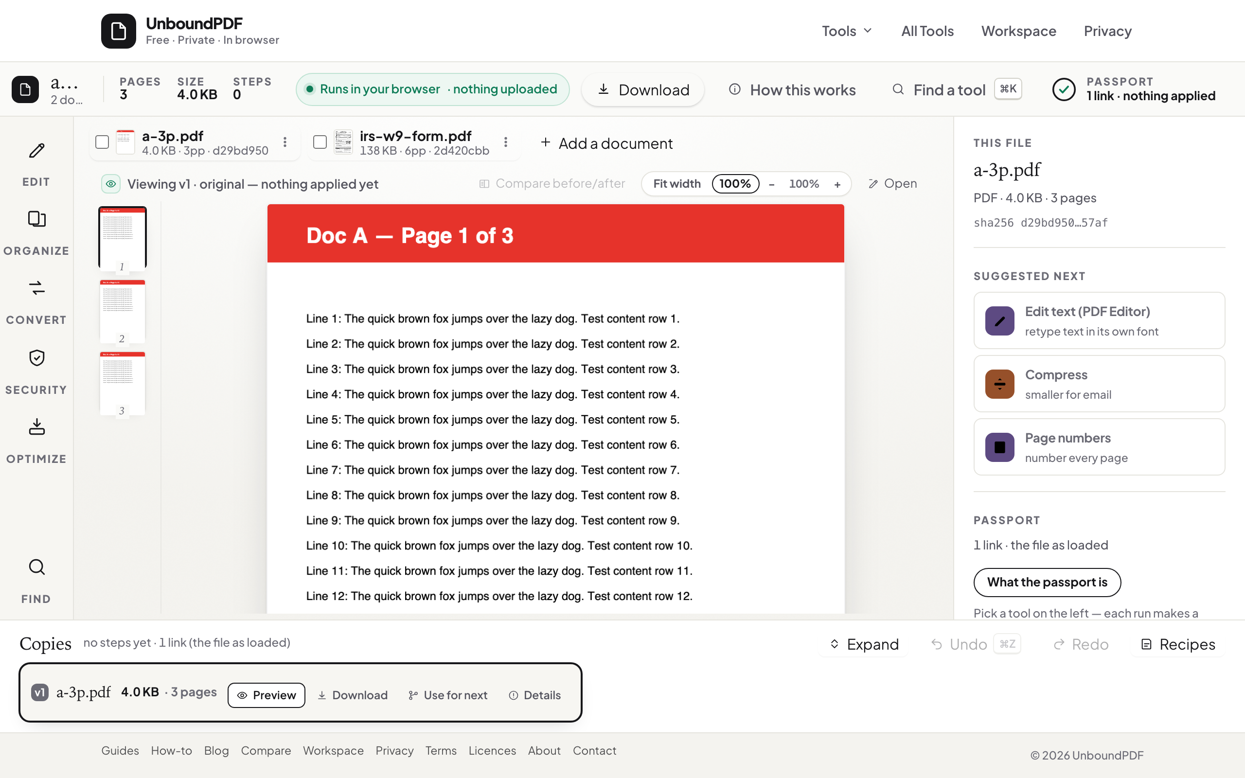 The UnboundPDF Workspace with two documents loaded: page thumbnails, a live preview, suggested next steps and the passport panel