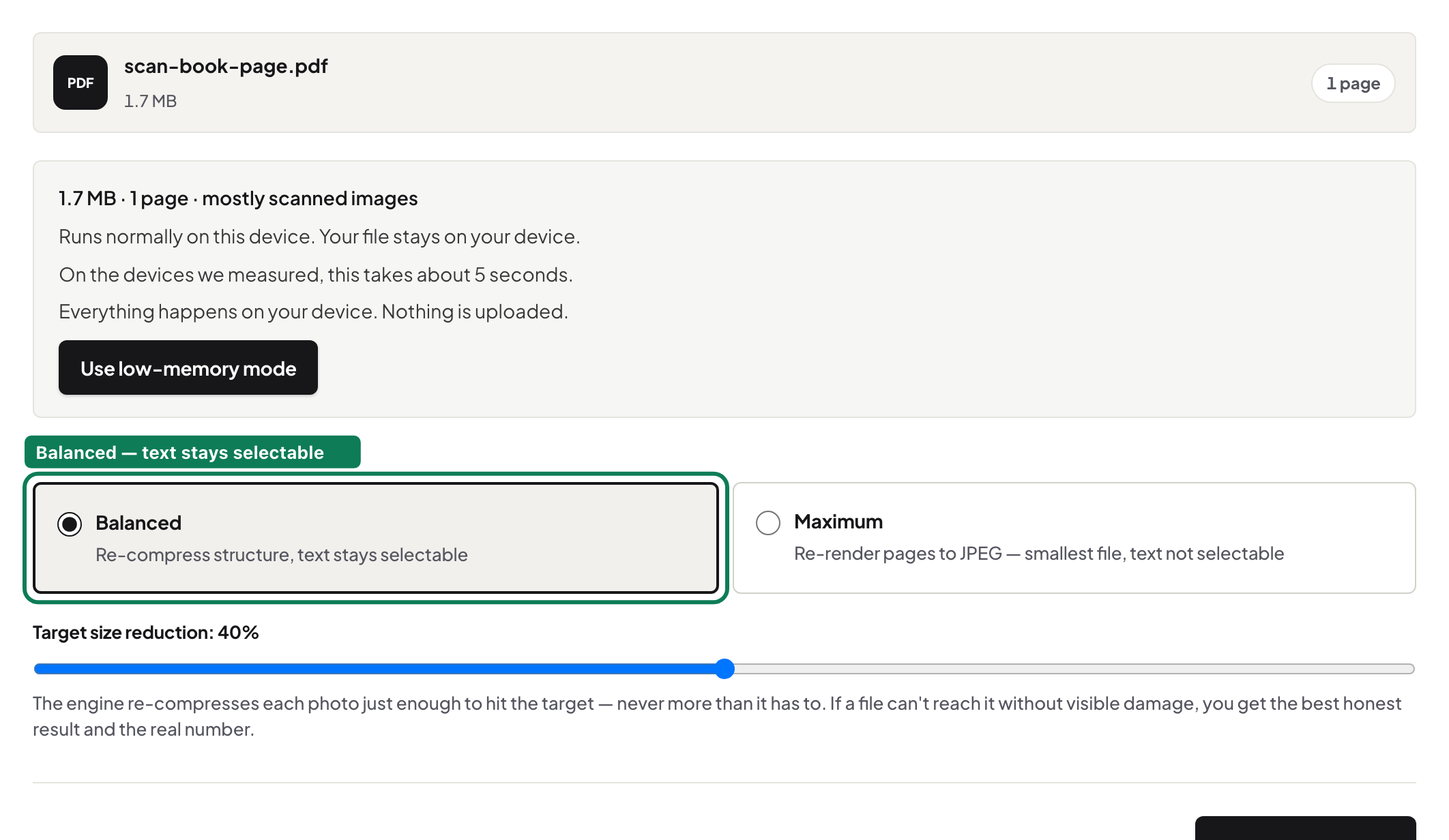 Balanced compression mode selected, highlighted, with the target size reduction slider set to 40 percent