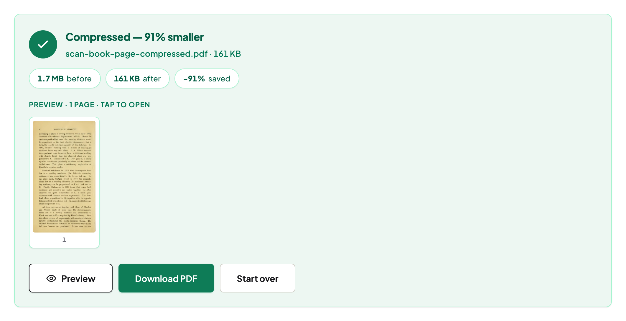 The compression result panel, from a Chrome test run, reading Compressed — 91% smaller, scan-book-page-compressed.pdf, 161 KB, with 1.7 MB before, 161 KB after and -91% saved (that same Chrome run) shown as three stats