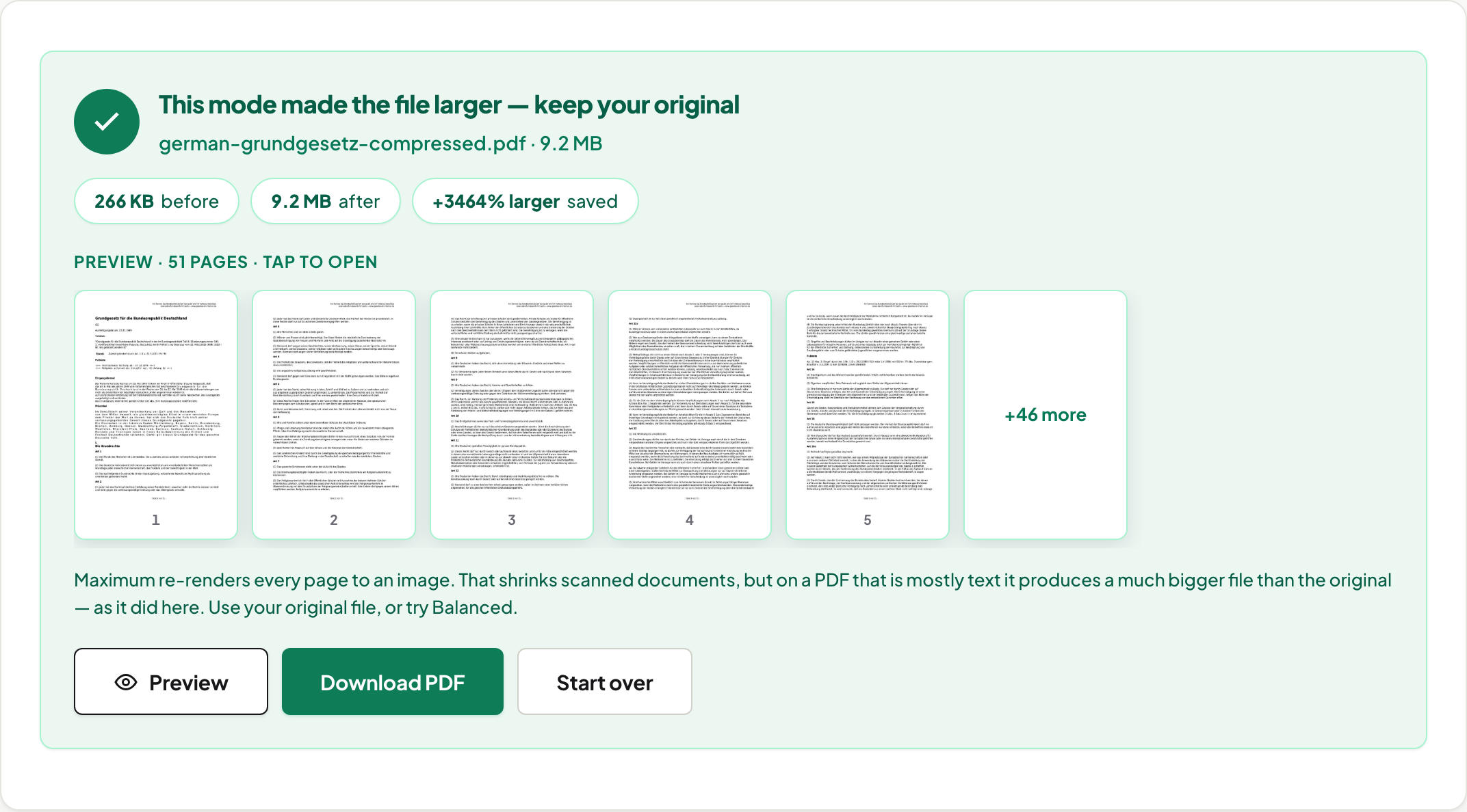 UnboundPDF result panel refusing to pretend: a 266 KB text document re-rendered by Maximum mode became 9.2 MB, and the panel says to keep the original