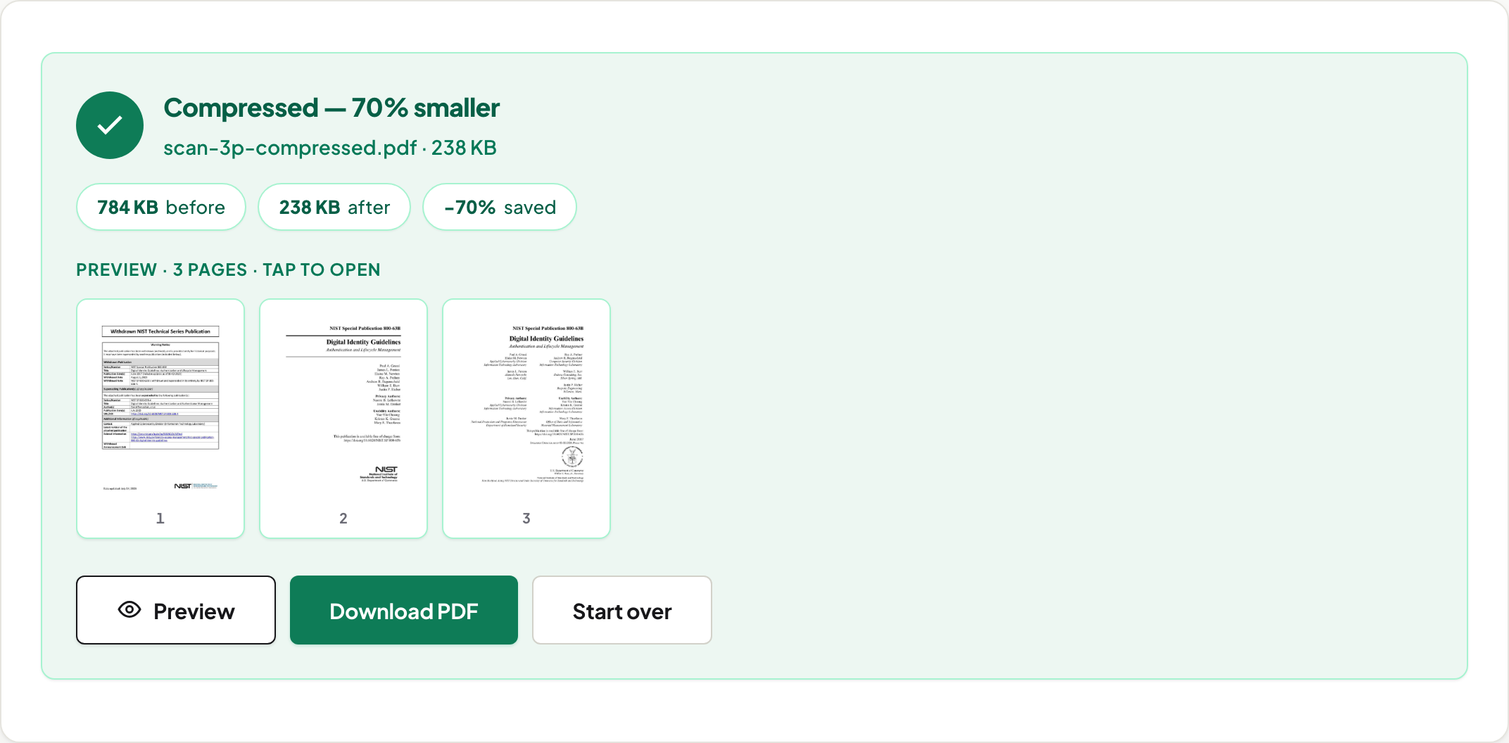 UnboundPDF compress result panel: a 3-page scan compressed from 784 KB to 238 KB in Chrome, 70% smaller, with page previews