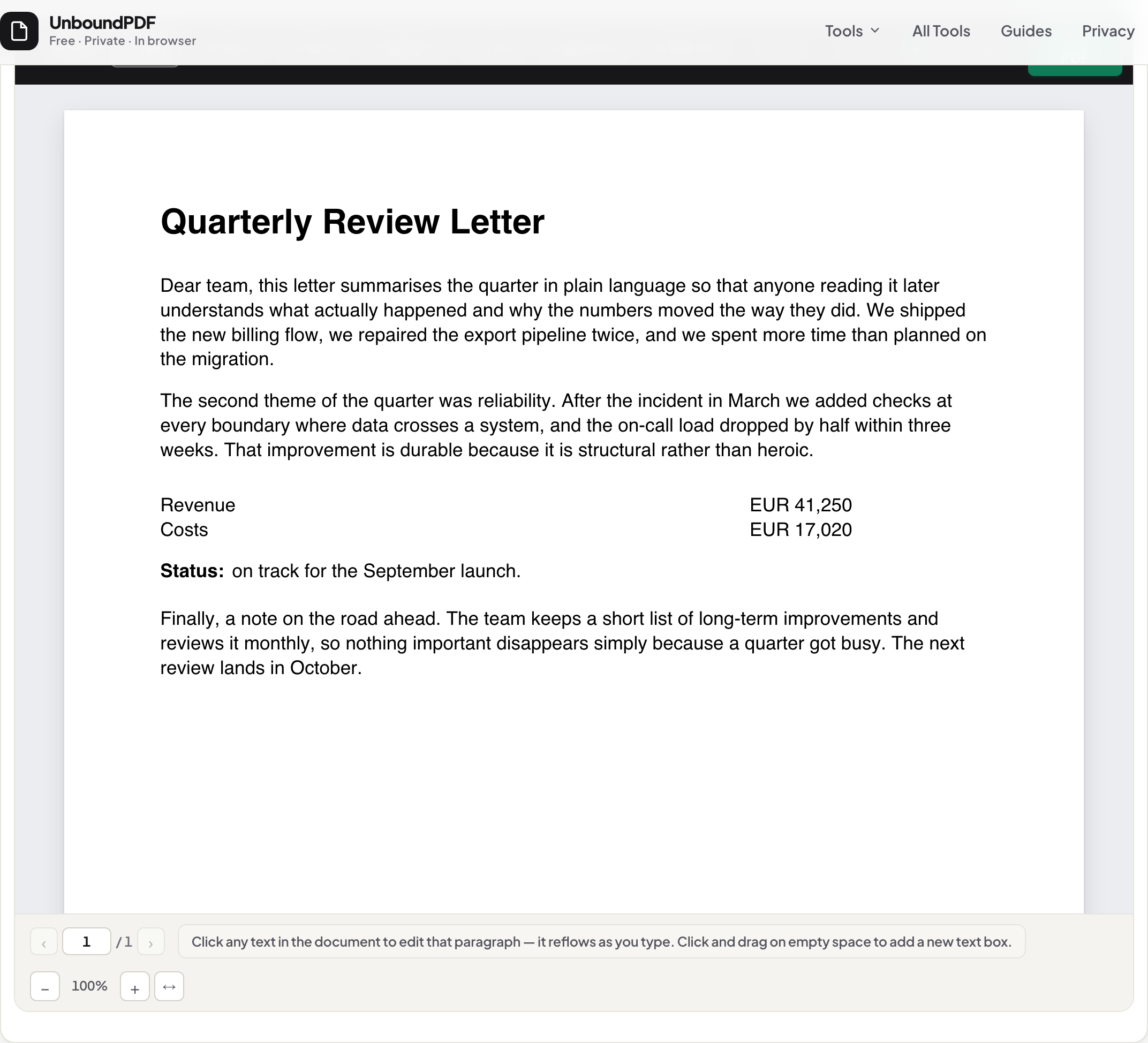 A new text box drawn on empty space in the UnboundPDF editor with freshly typed text — adding, not editing