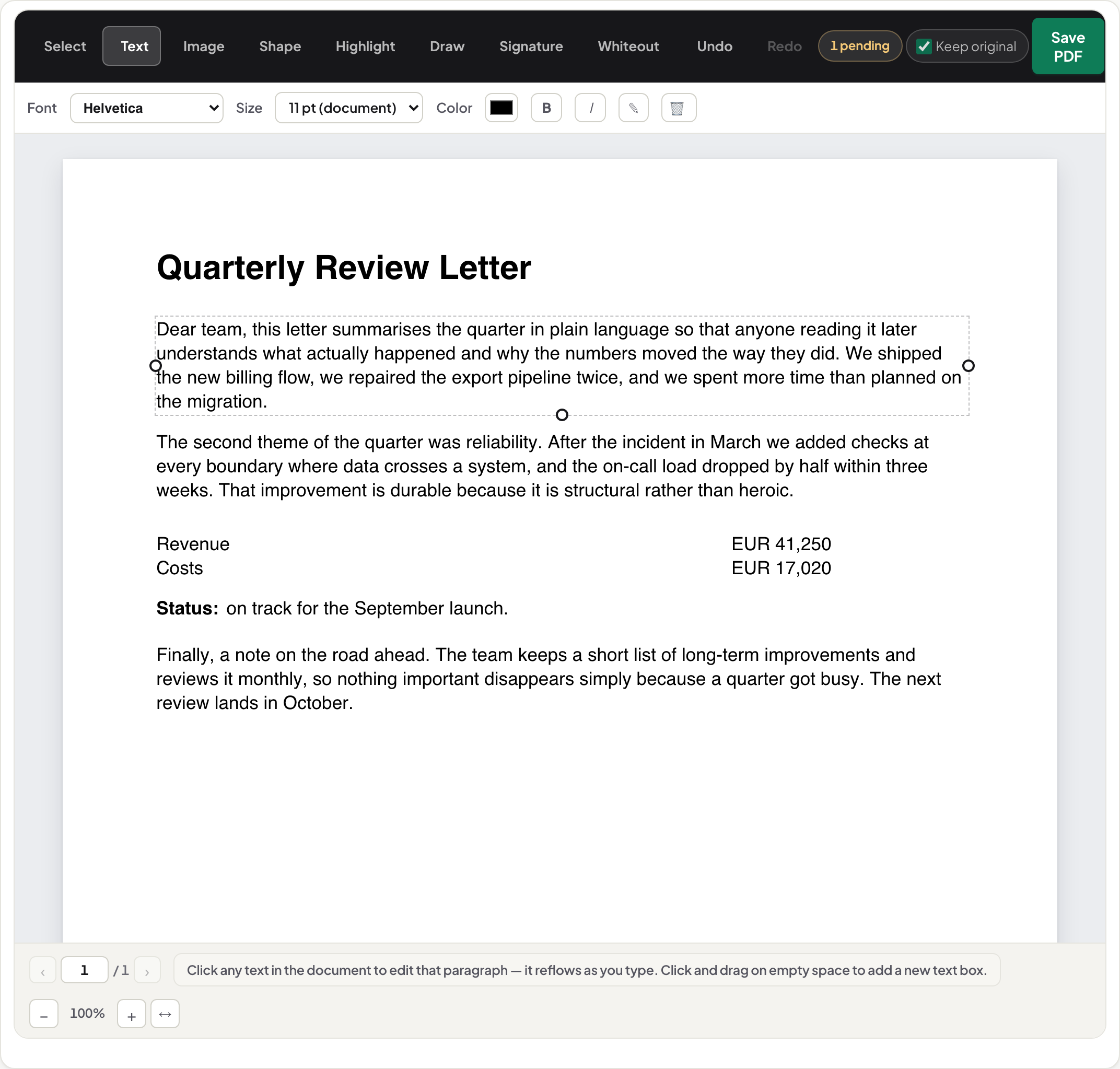UnboundPDF font controls while editing: Font reads Helvetica, Size reads 11 pt (document)