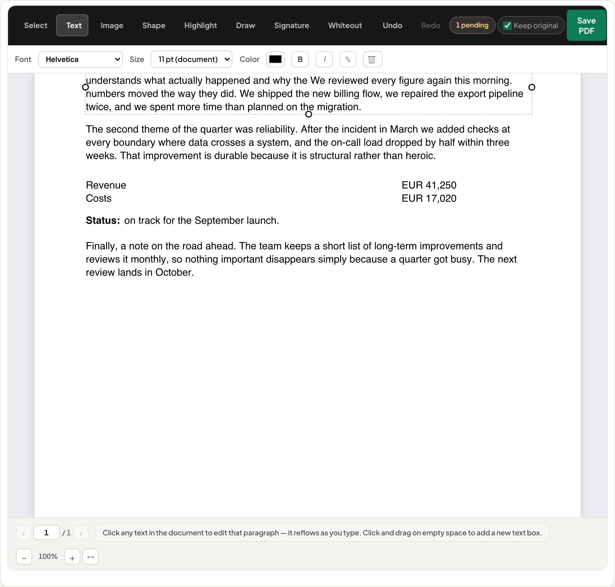 Typing inside the selected paragraph: the added sentence reflows the paragraph live at the document's own line spacing