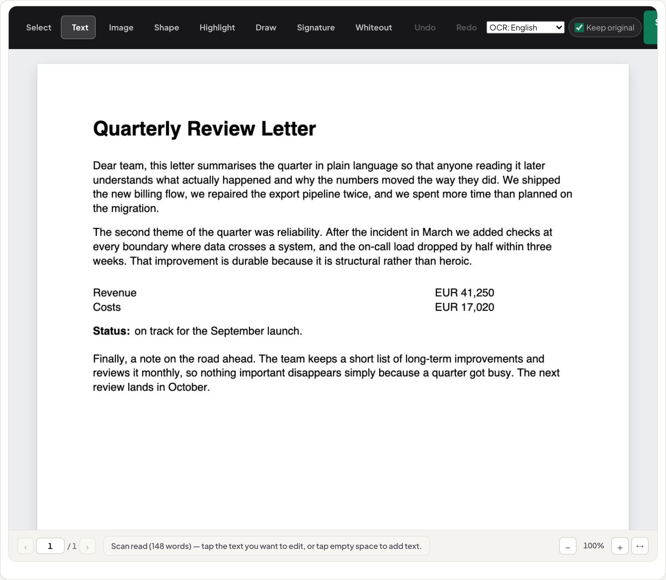 A scanned letter open in the UnboundPDF editor: the toolbar shows an OCR language selector and the status line reads 'Scan read (148 words) — tap the text you want to edit'